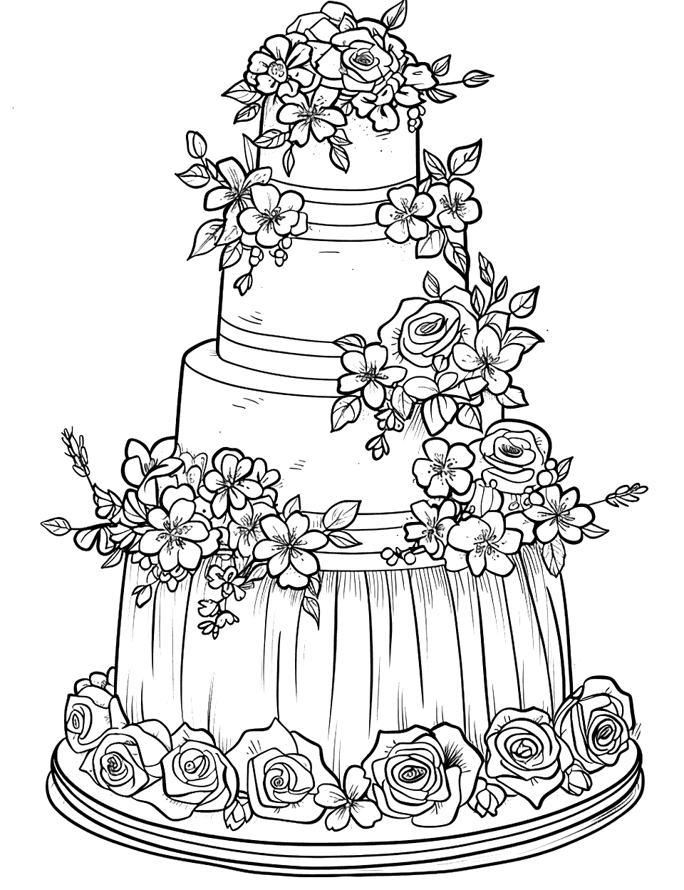 Wedding Cake Delight Coloring Page - A large, multi-tiered wedding cake decorated with flowers.