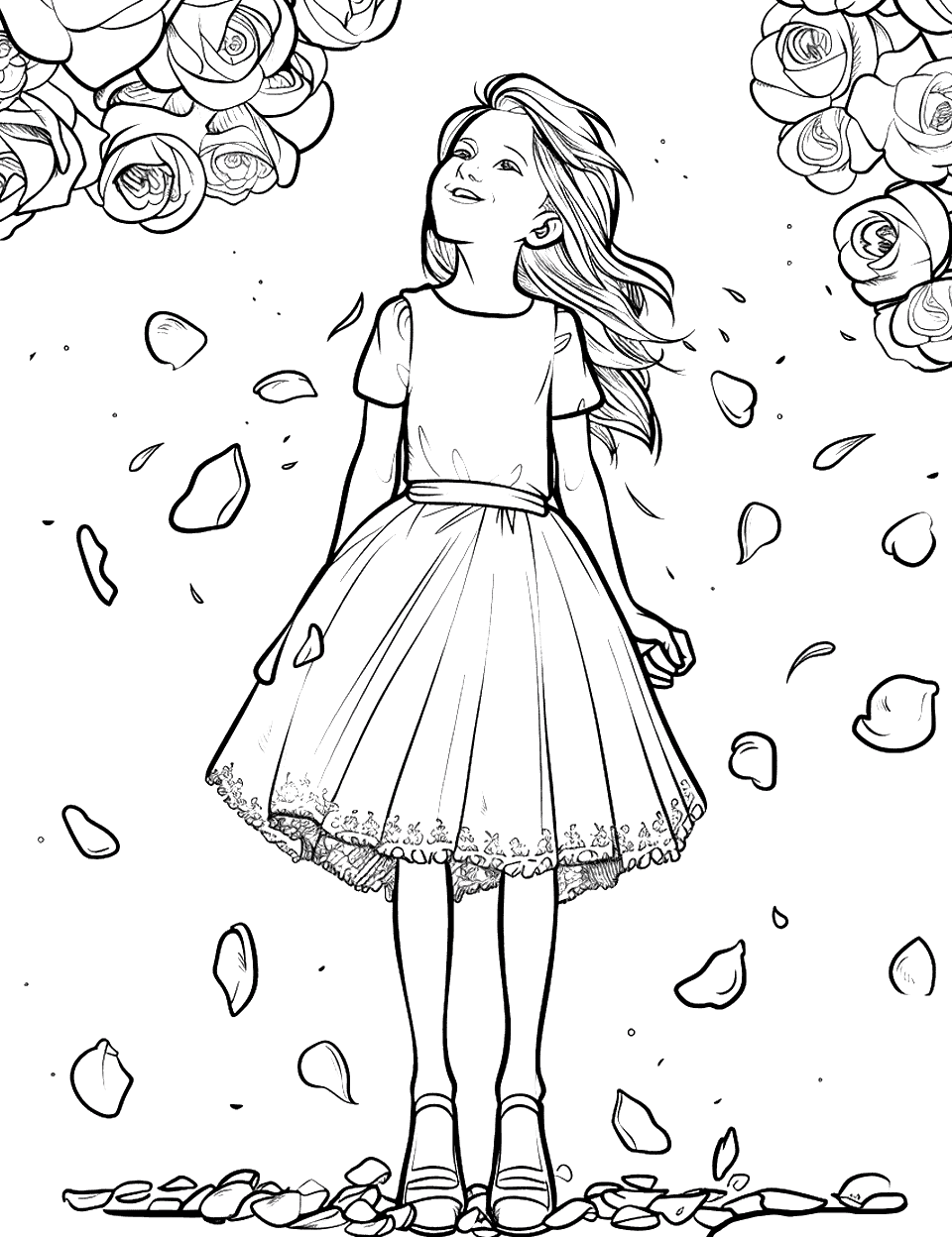 Flower Girl in Action Wedding Coloring Page - A young flower girl in a cute dress, scattering petals down the aisle.