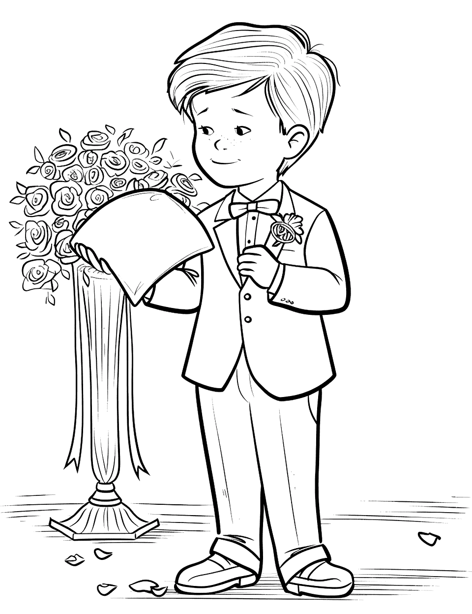 Ring Bearer's Big Moment Wedding Coloring Page - A little boy in a suit, carefully holding a pillow with wedding rings.