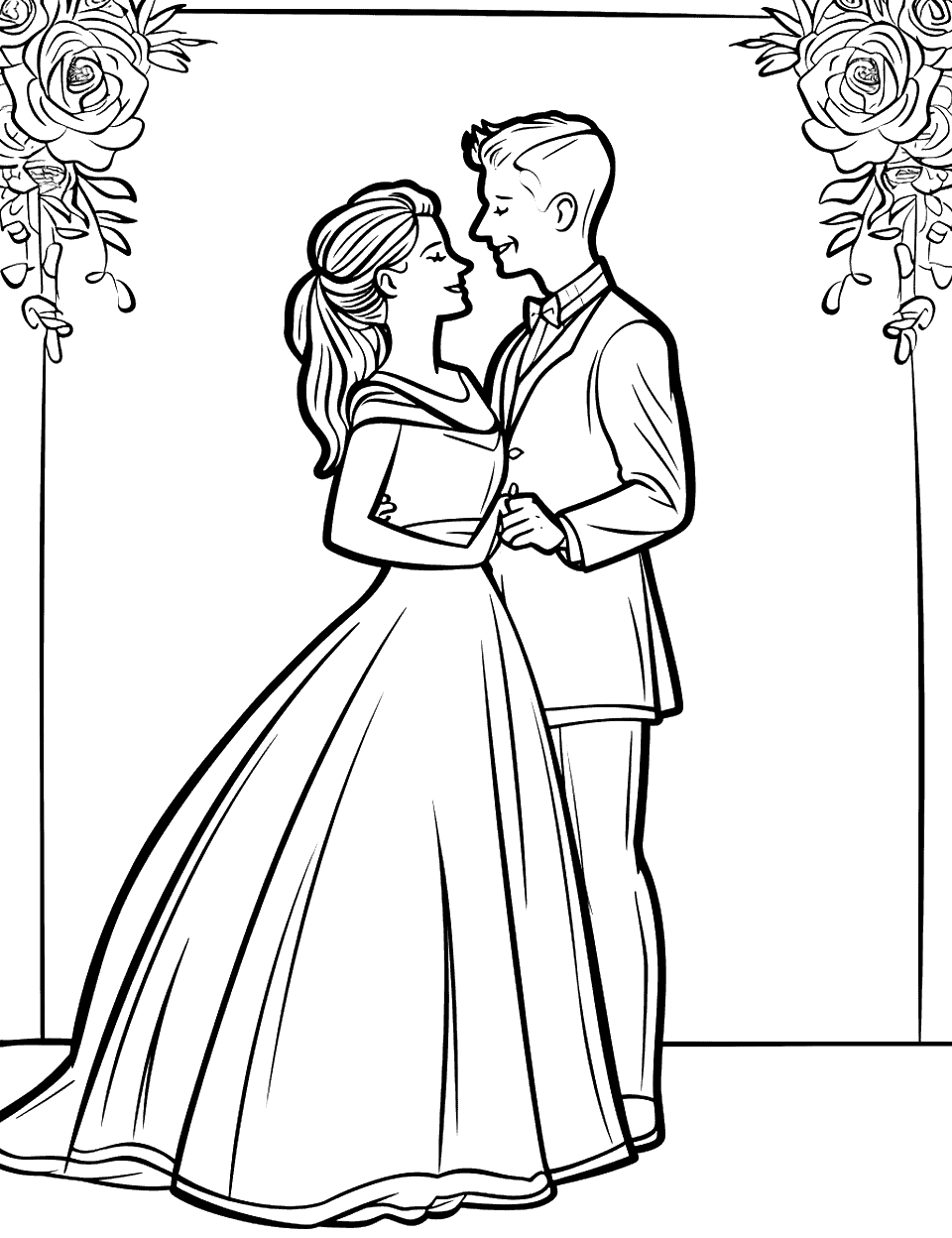 First Dance Wedding Coloring Page - A bride and groom sharing their first dance.