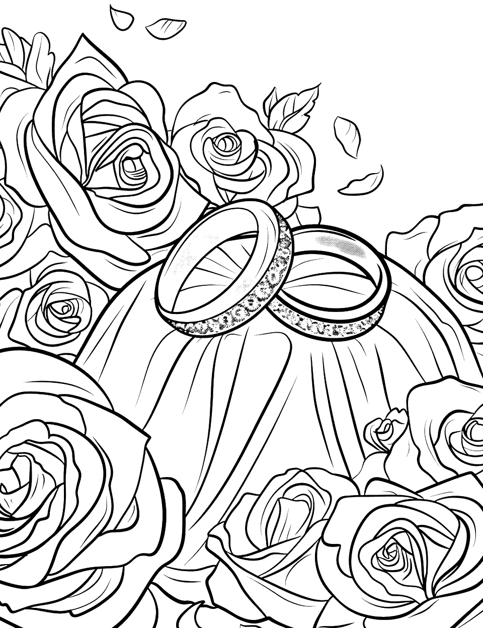Wedding Bands Close-Up Coloring Page - Two shining wedding bands on a satin pillow, with roses around.