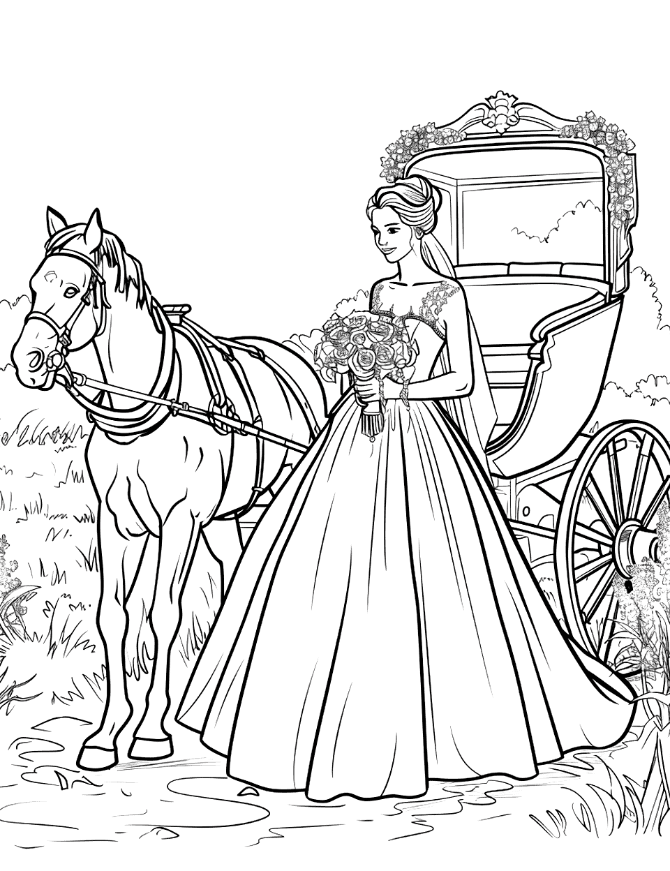 Horse-Drawn Carriage Arrival Wedding Coloring Page - A bride arriving at her wedding in a horse-drawn carriage.