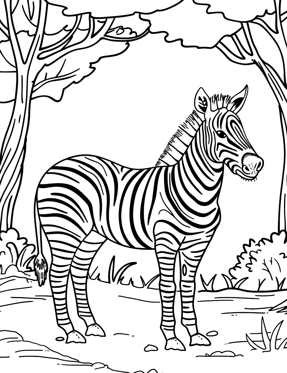 Zebra in a Clearing Coloring Page - A zebra standing alone in a clearing surrounded by trees.