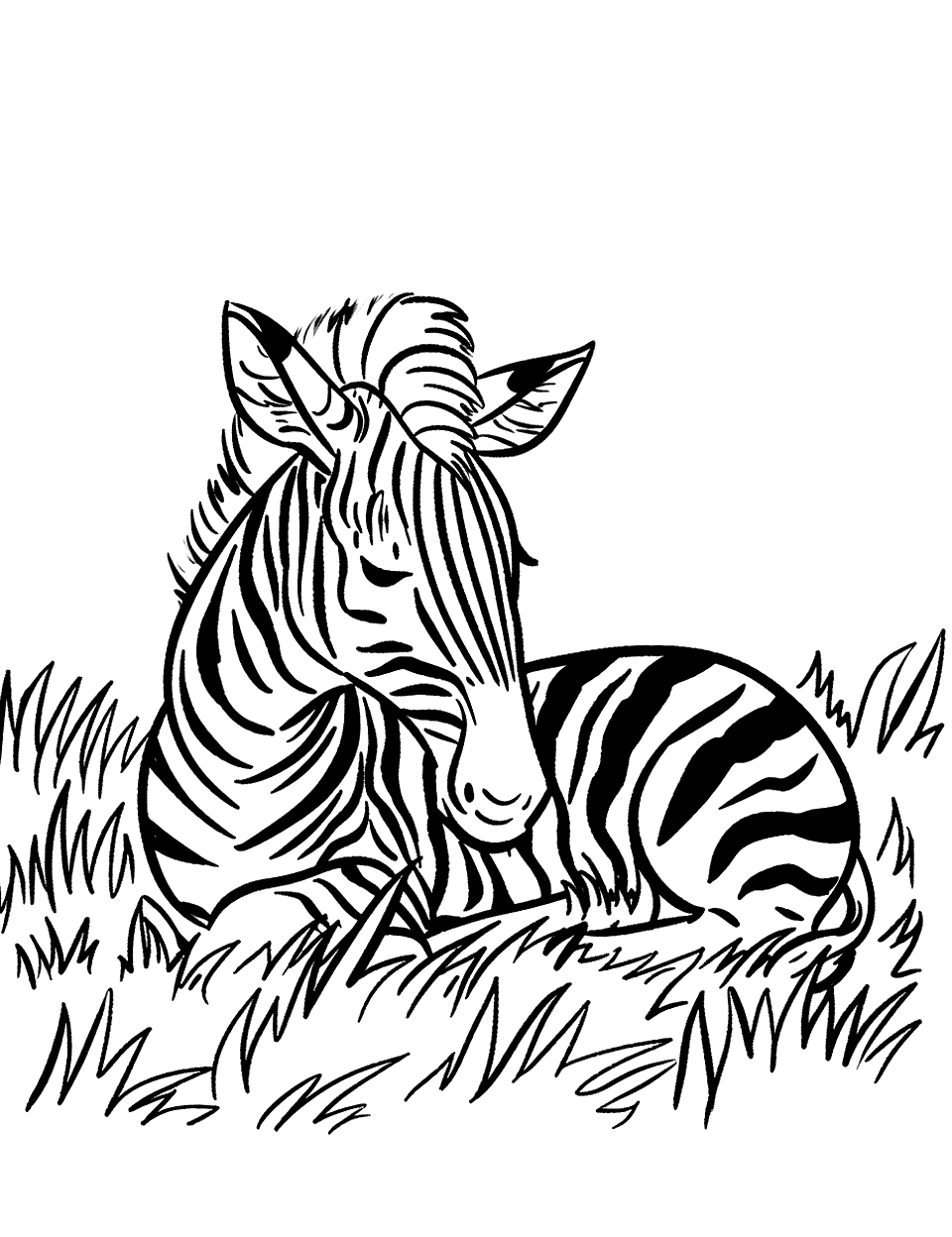 Zebra Lying Down Coloring Page - A zebra lying down in the grass taking a rest.