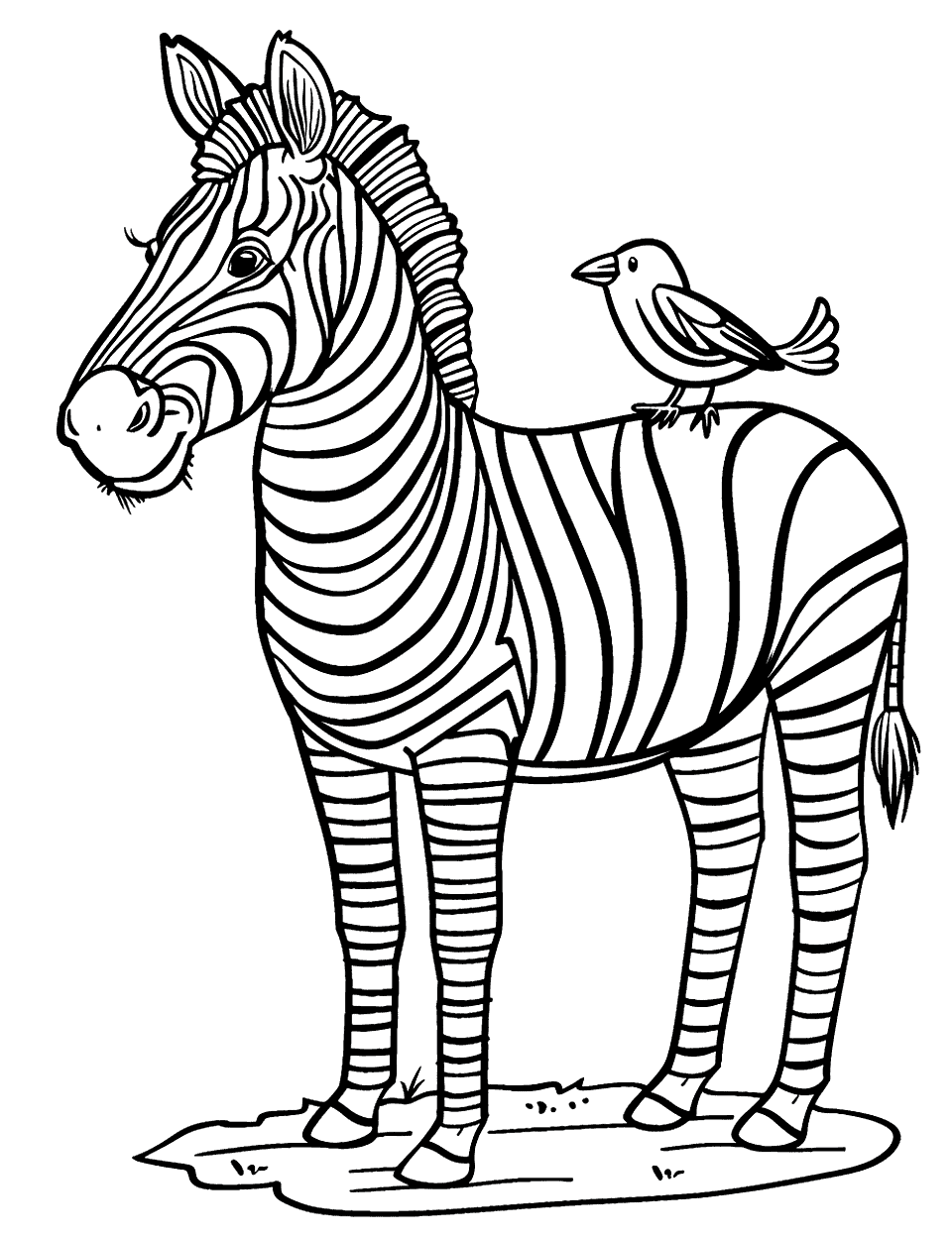 Zebra with Bird Coloring Page - A zebra with a small bird perched on its back.