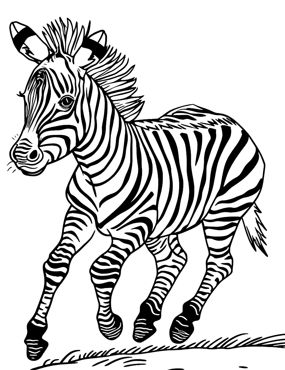 Young Zebra Running Coloring Page - A young zebra galloping joyfully across a plain.