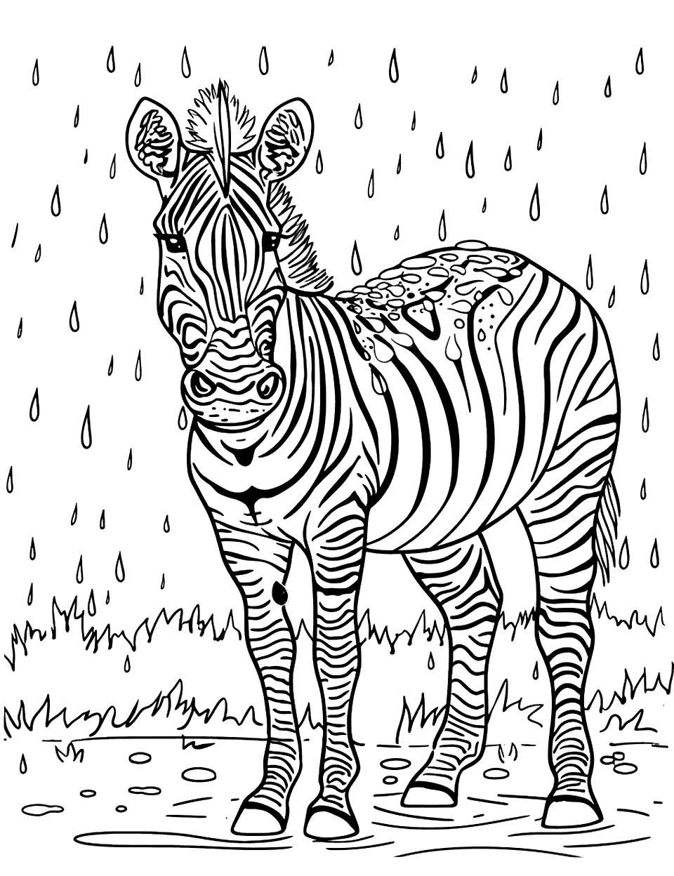 Zebra in the Rain Coloring Page - Raindrops fall across the whole background while the zebra faces you, water beading along its back and shoulders. Puddles and grass are drawn in around the hooves. Leave the drops white against a gray or blue sky and the weather reads instantly. It is a good page to color while you talk about wet and dry seasons on the savanna.