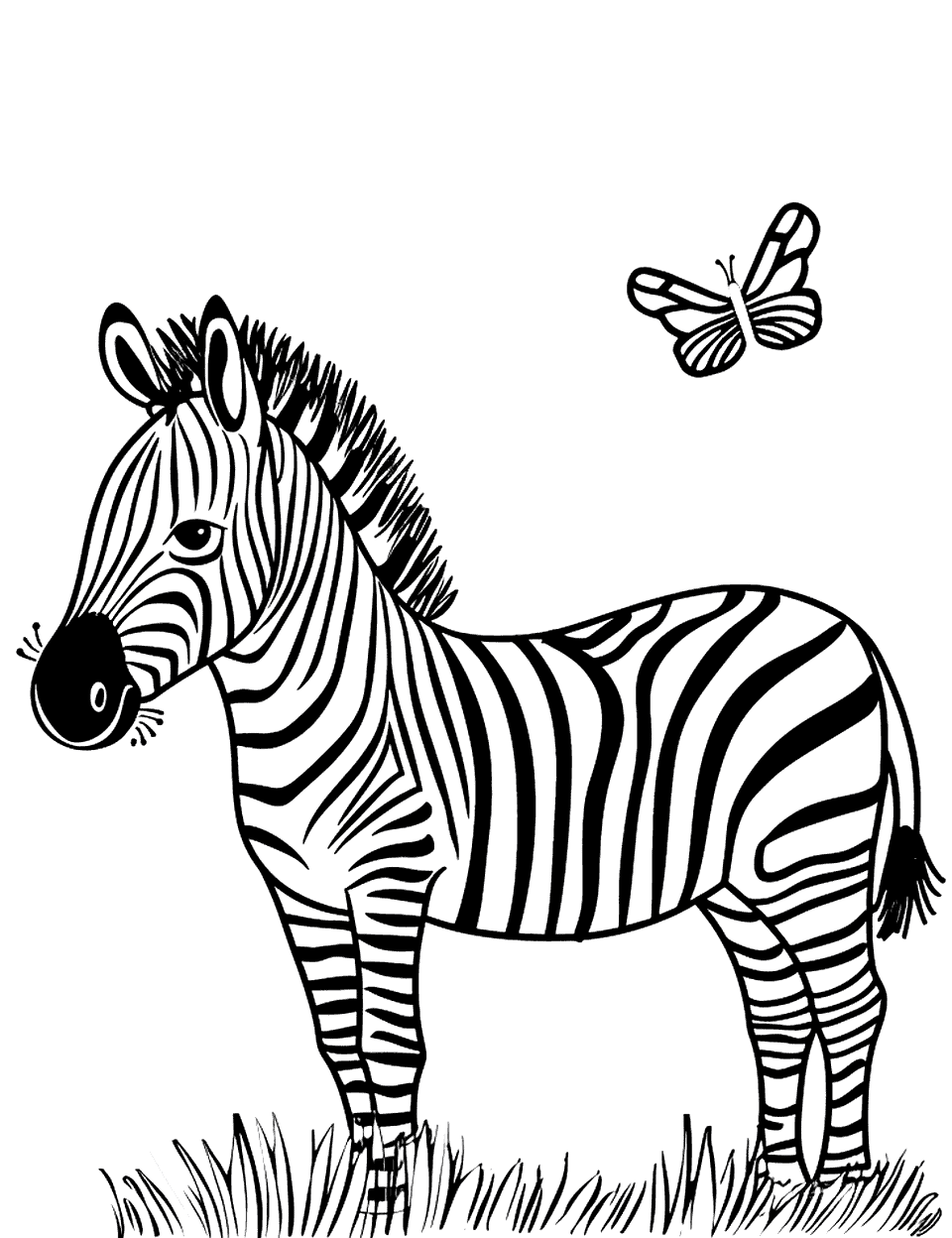 Zebra and Butterfly Coloring Page - A zebra watching a butterfly flying gently around it.