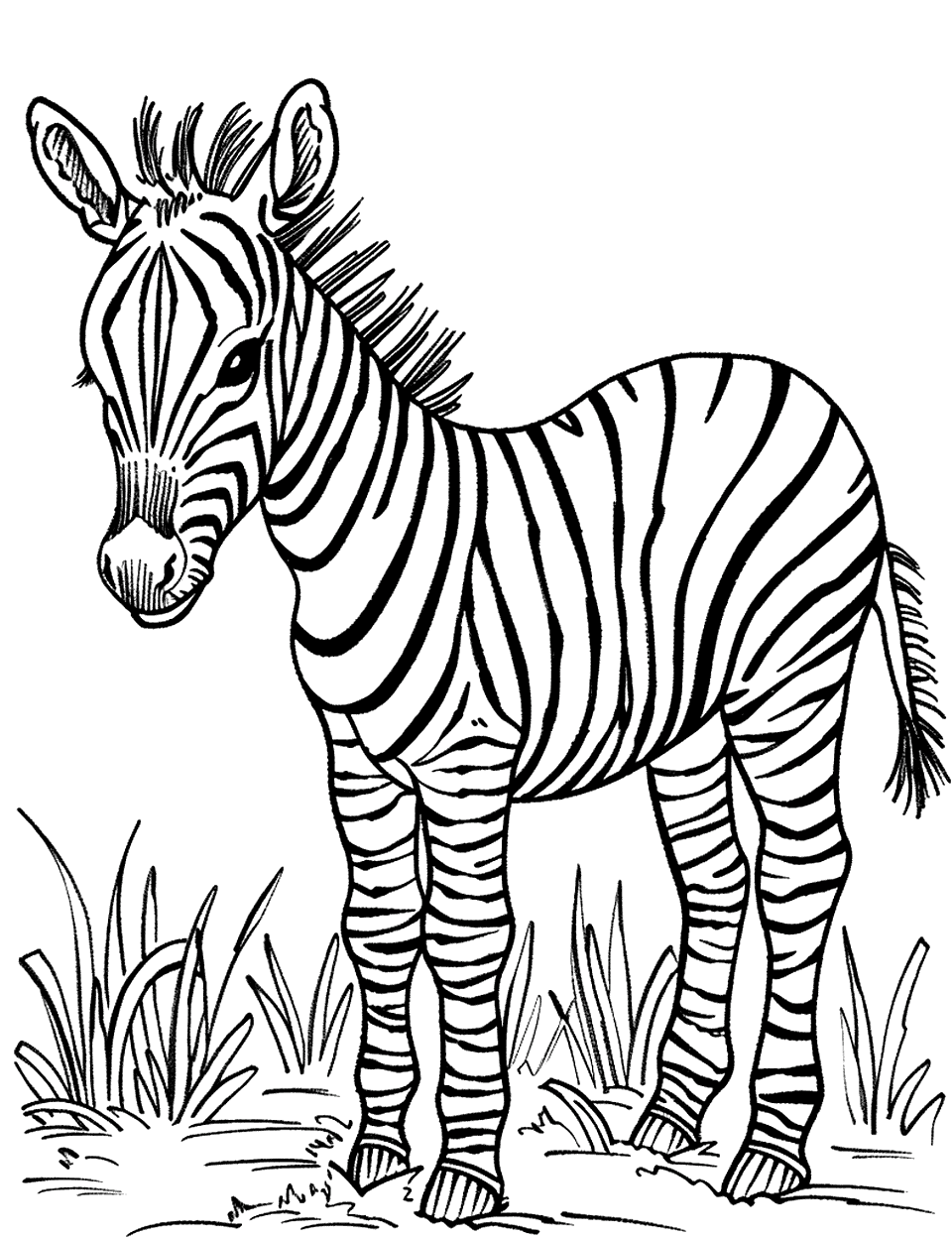 Baby Zebra Coloring Page - A young zebra standing in a grassy field.