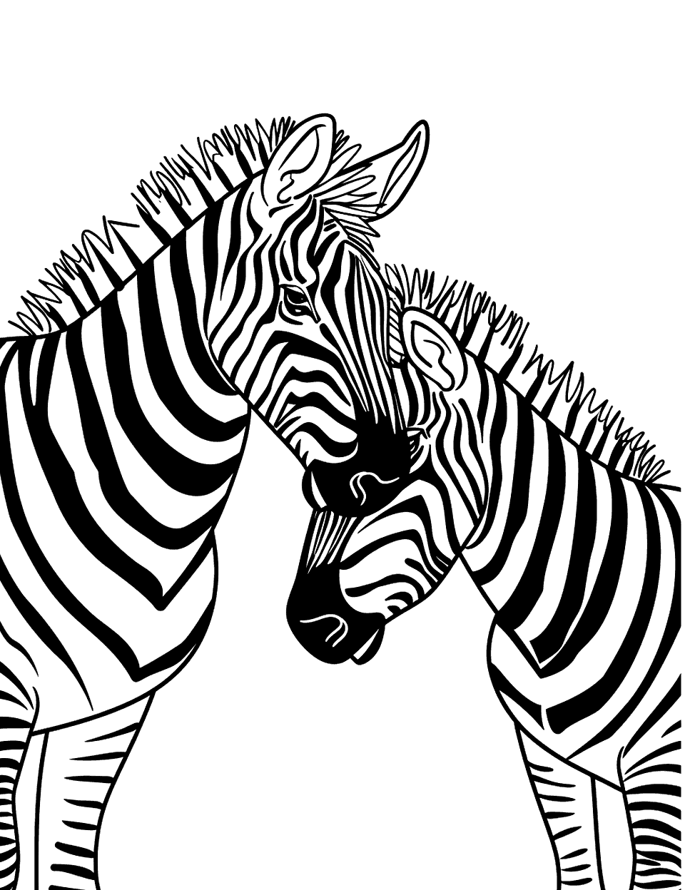Two Zebras Nuzzling Zebra Coloring Page - A pair of zebras nuzzling each other affectionately.