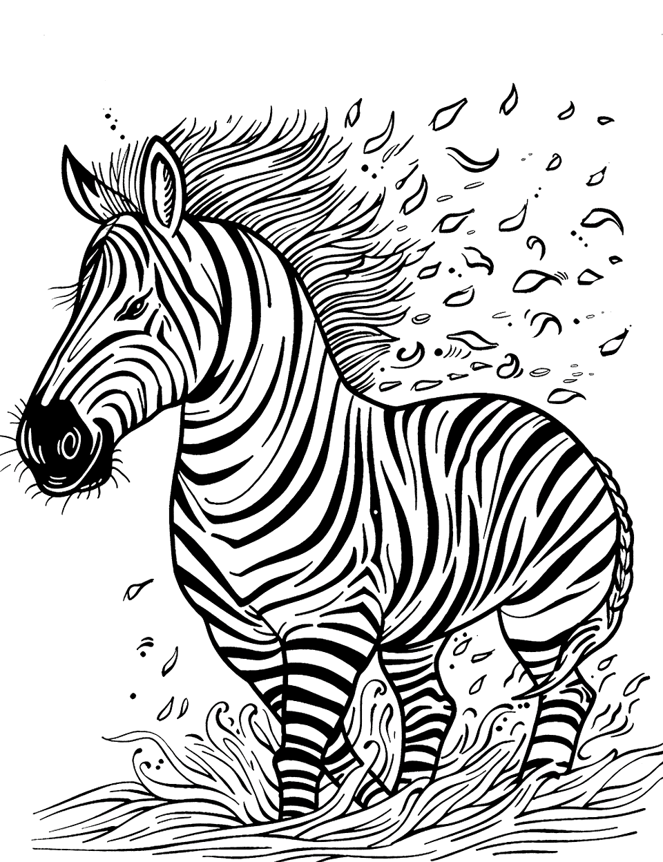 Zebra in a Dusty Wind Coloring Page - A zebra bracing against a gust of wind, dust swirling around it.