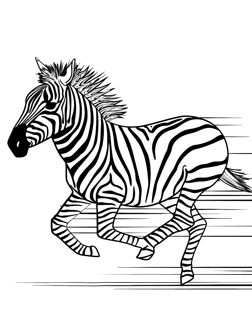 Running Zebra Coloring Page - A zebra in full sprint across the plains with a blur of speed lines behind it.
