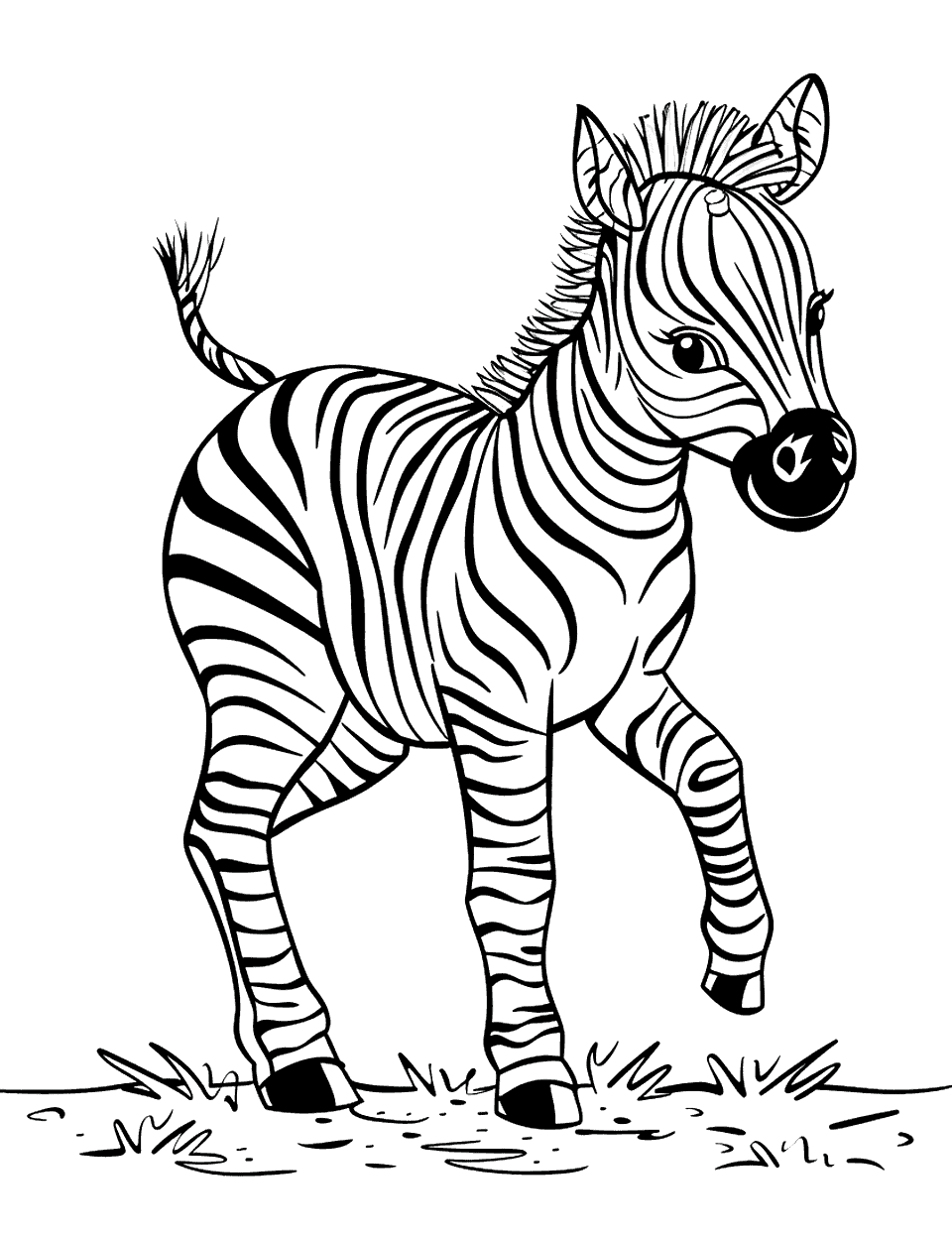 Playful Baby Zebra Coloring Page - A baby zebra kicking up its heels and frolicking in the savanna.