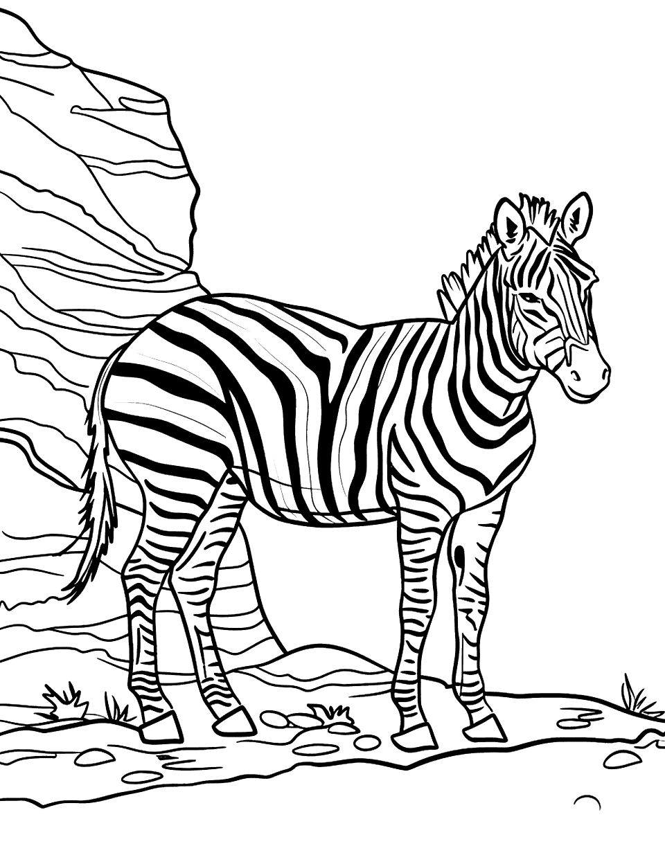Zebra by the Mountain Coloring Page - A mountain zebra standing at the base of a rocky outcrop.