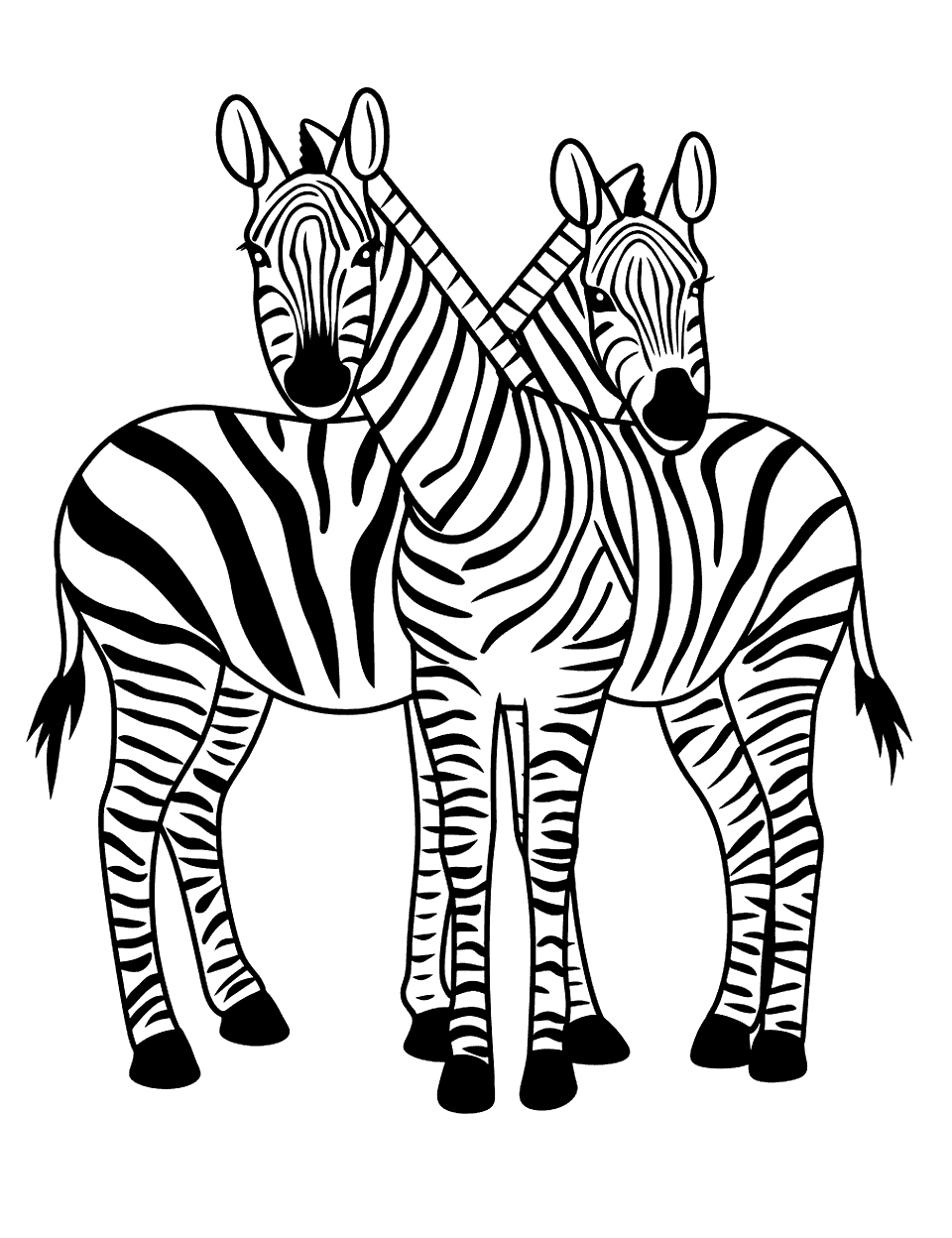 Two Zebras Crossing Tails Zebra Coloring Page - Two zebras standing side by side, their heads crossed.