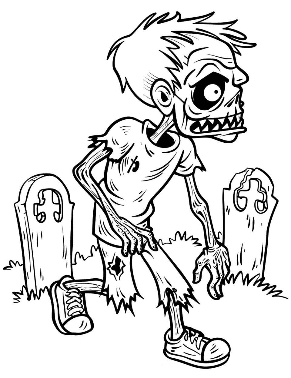 Realistic Zombie Walking Coloring Page - A detailed depiction of a zombie walking through a graveyard.