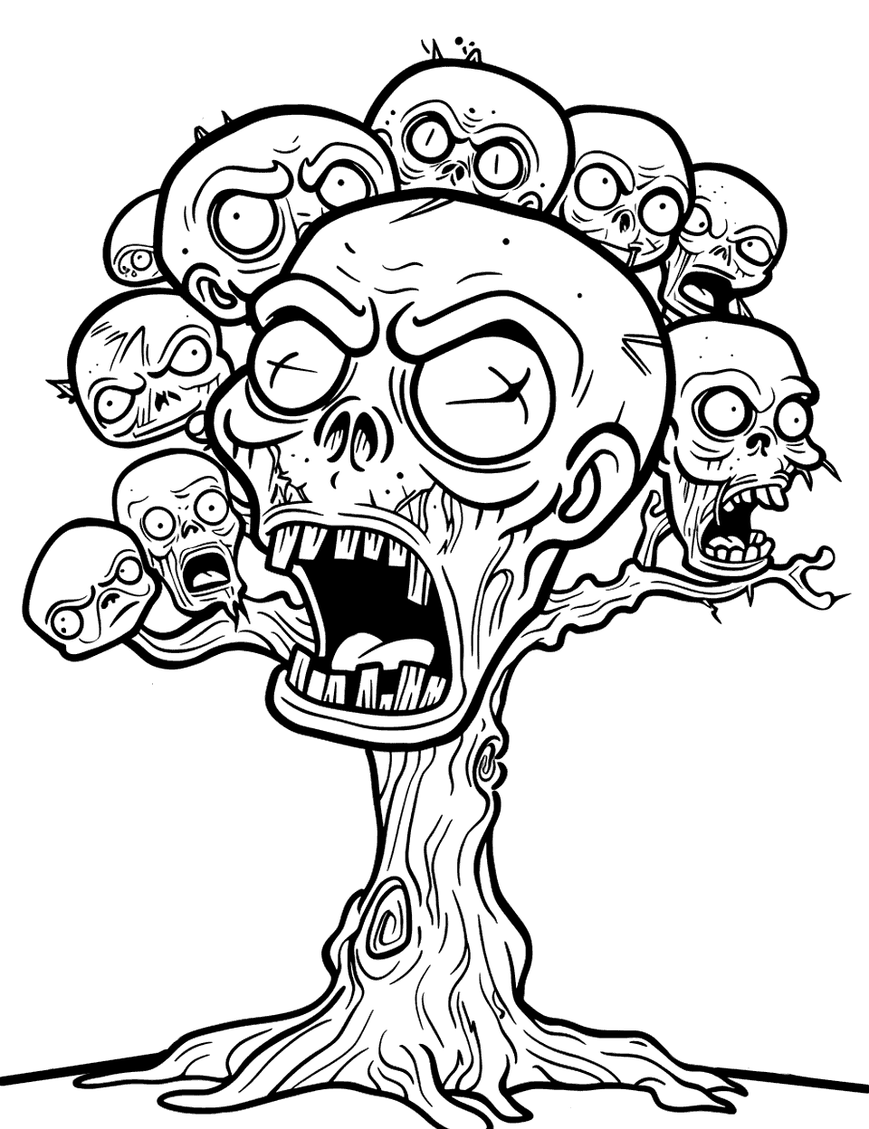 Zombie Tree Coloring Page - Instead of leaves, this tree grows zombie heads, and the trunk itself has a face with its mouth wide open. Roots spread across the bottom of the page and give you a chunky area to fill quickly. Brown bark against grey-green faces is the easy route, though an all-purple tree is funnier. Every head wears a different expression, which is really the fun of it.