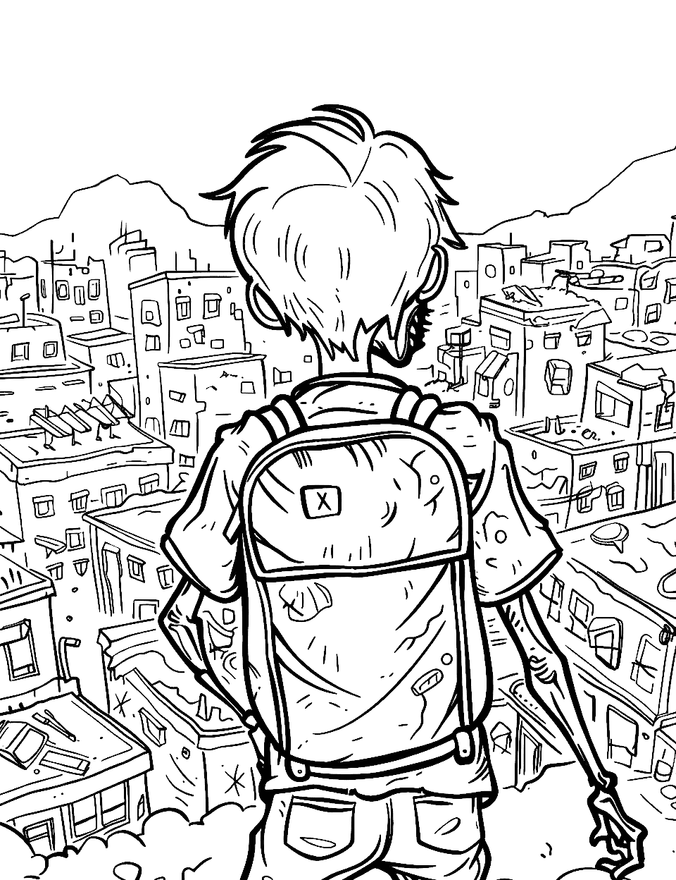 Looking Out Over the Ruined City Zombie Coloring Page - The view is from behind this one, looking out over a wrecked city with him. The buildings are all straight lines and broken windows, so the background fills in fast with greys and rust. His backpack sits front and center on the page and can take whatever color you like. It is a quiet, moody sheet, heavy on the greys and rust.
