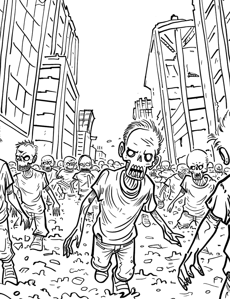 Zombie Crowd Downtown Coloring Page - A crowd of zombies comes straight down the middle of a city street, skyscrapers leaning in on both sides. The one out front is drawn in the most detail, so start there and let the crowd behind stay lighter. Debris covers the road and rewards a bit of patient shading. Older kids and adults will get the most out of the depth in this scene.