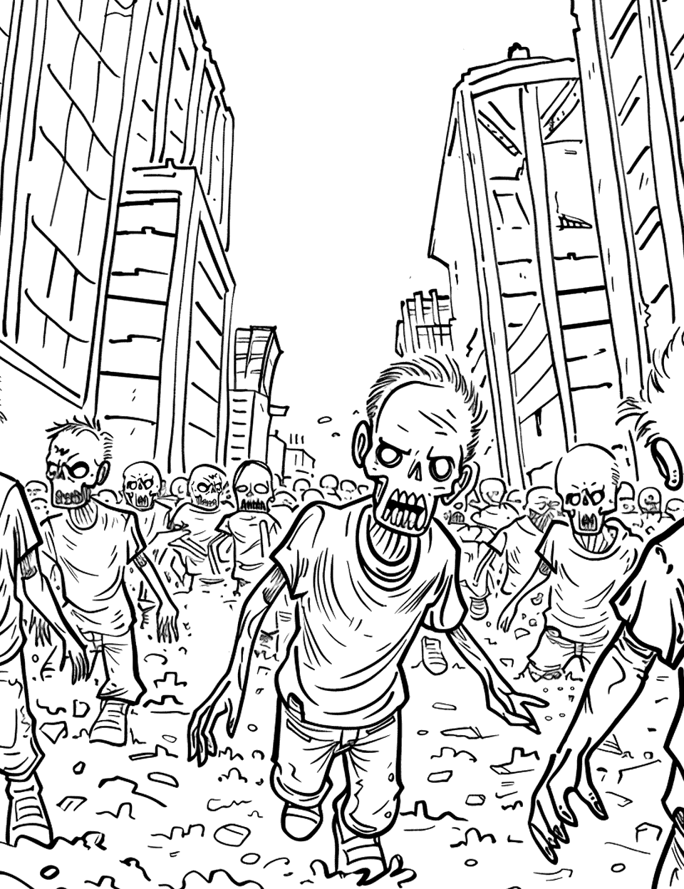 Scary Zombie Chase Coloring Page - Scary zombies chasing through a street.