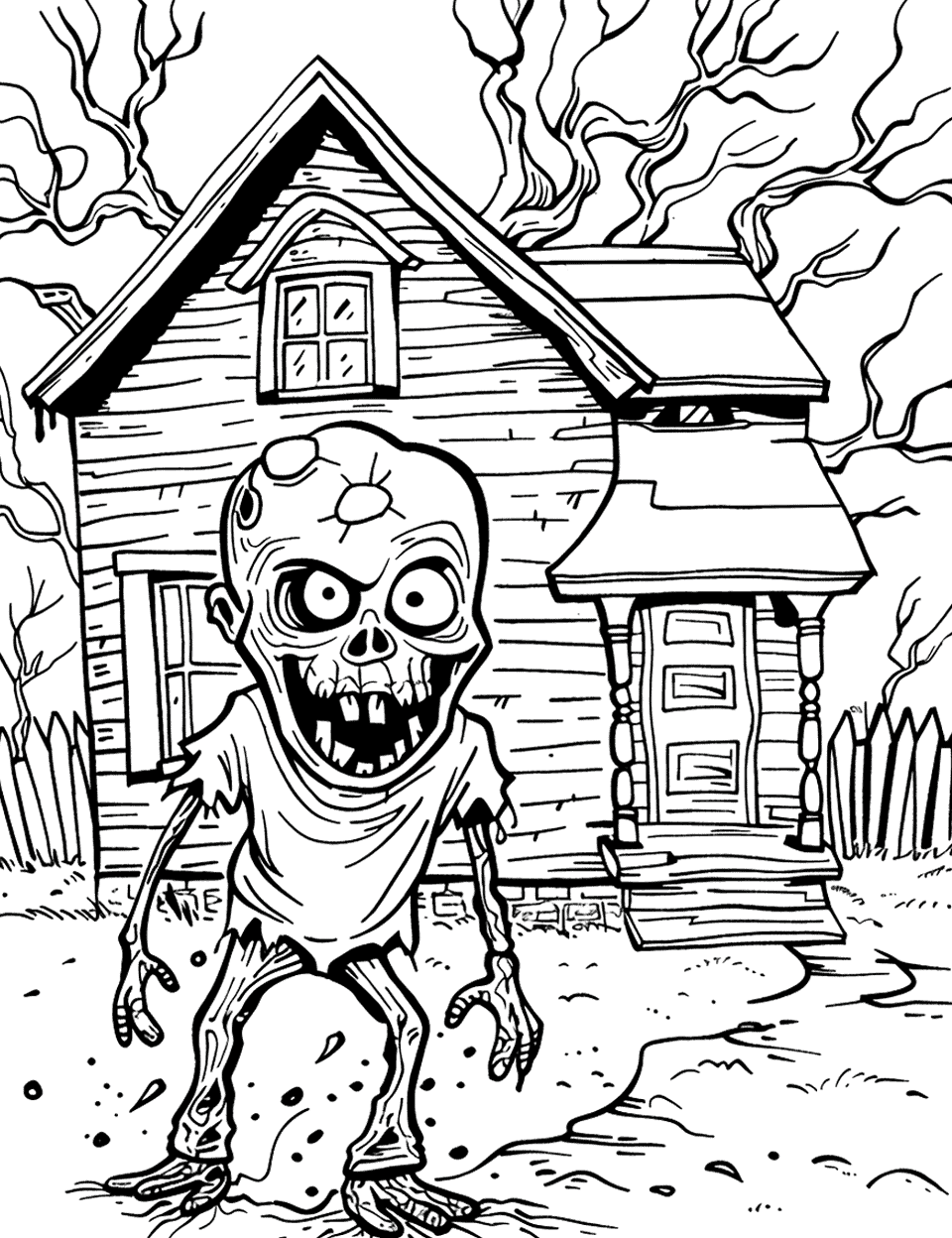 Zombie Outside the Old House Coloring Page - A zombie stands in the yard of a sagging wooden house, complete with a covered porch and a dormer window up top. Twisted bare branches fill the sky behind the roof and take up a lot of the page. Weathered grey boards under a dark sky give it a proper horror-movie look. There is enough architecture here to keep a detail-lover busy.