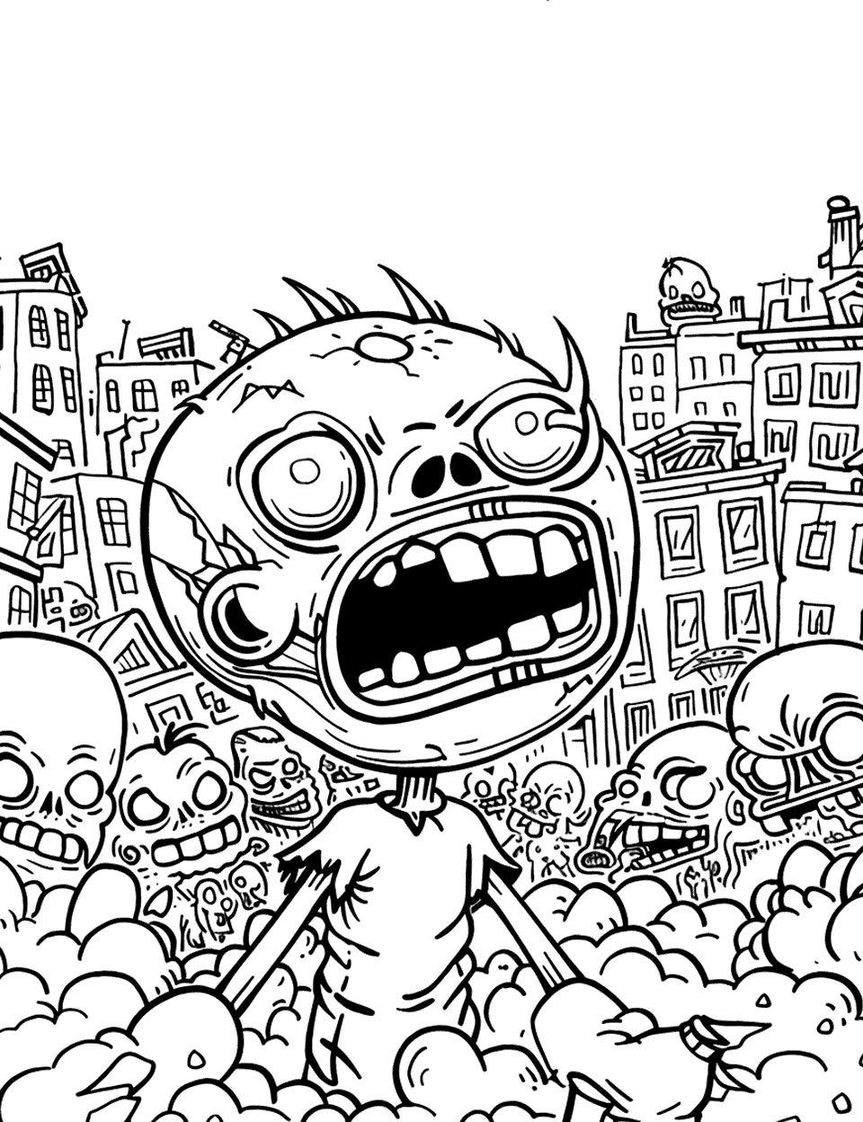 Big-Headed Zombie Above the Crowd Coloring Page - One zombie with a cartoonishly oversized head towers in front of a crowd of smaller ones, city rooftops behind them. Smoke rolls across the bottom of the page and softens the whole scene. That giant head is one big open shape, so it is satisfying to fill in a single go. Everything behind it is small and repetitive, which makes it a good candidate for a loose background wash.