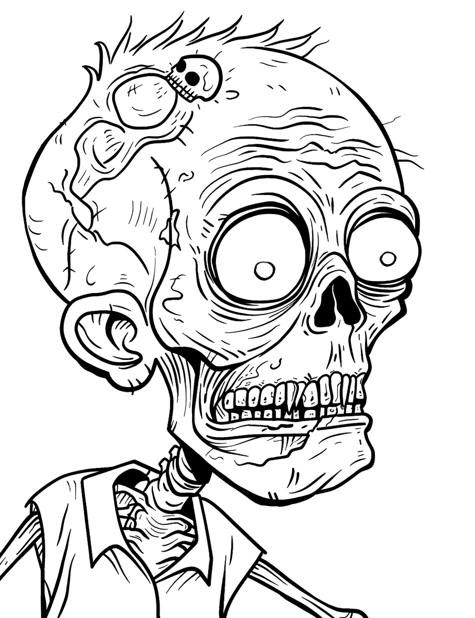 Skull-Faced Zombie Close-Up Coloring Page - A close-up portrait of a face that has gone almost entirely to a prominent skull, right down to the hollow nose and bared teeth. A flap of scalp hangs loose above one ear with a tiny skull drawn on it. The lines are fine and closely packed, so pencils behave better here than markers. Keep the shirt collar a solid color to stop the page reading as all bone.