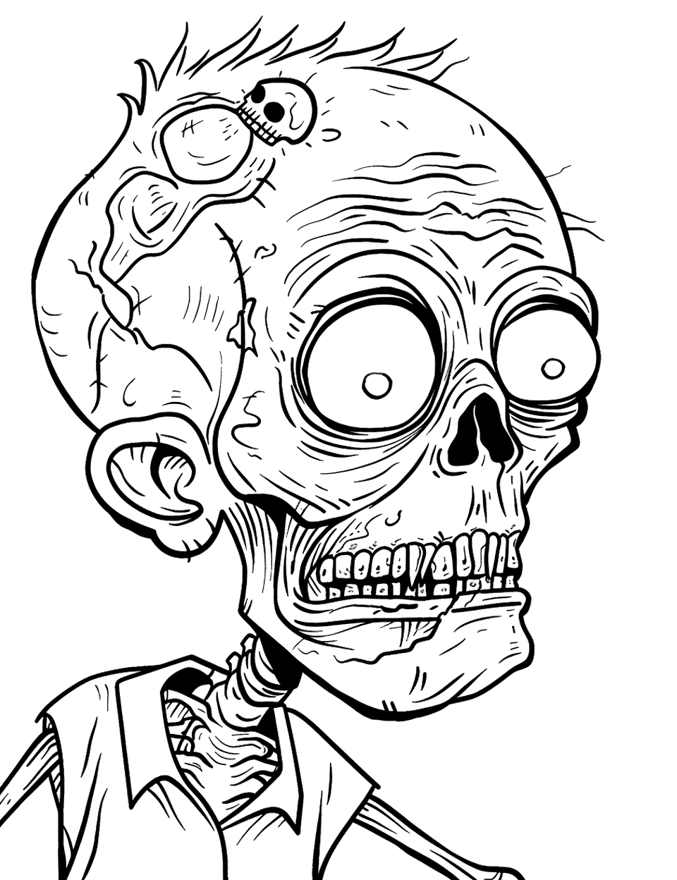 Skull Zombie Leader Coloring Page - A zombie with a prominent skull face, the leader of the zombie horde.
