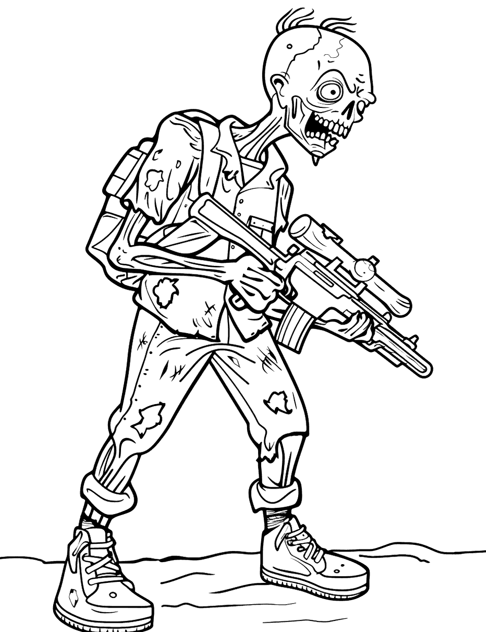 Zombie Soldier on Patrol Coloring Page - A zombie soldier stalks forward with a scoped rifle held across his chest. His fatigues are torn at the knees and elbows, which gives you plenty of ragged edges to work with. Olive drab is the obvious call, but a camo pattern is more fun if the colorist has the patience for it. He is wearing sneakers rather than boots, a small joke worth a loud color.