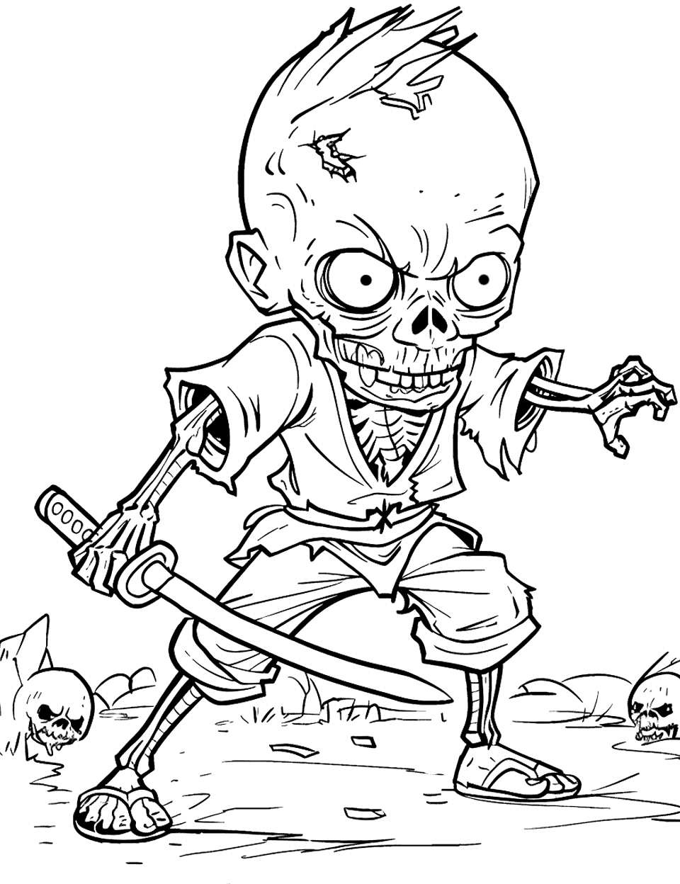 Saifu the Zombie Warrior Coloring Page - Saifu is our invented zombie swordsman, drawn mid-stance with a katana angled right across the page. His robe hangs open over an exposed ribcage, and skulls sit in the dirt on either side of him. A red sash against grey skin makes the whole pose pop. Kids who like samurai and ninja drawings tend to reach for this one first.