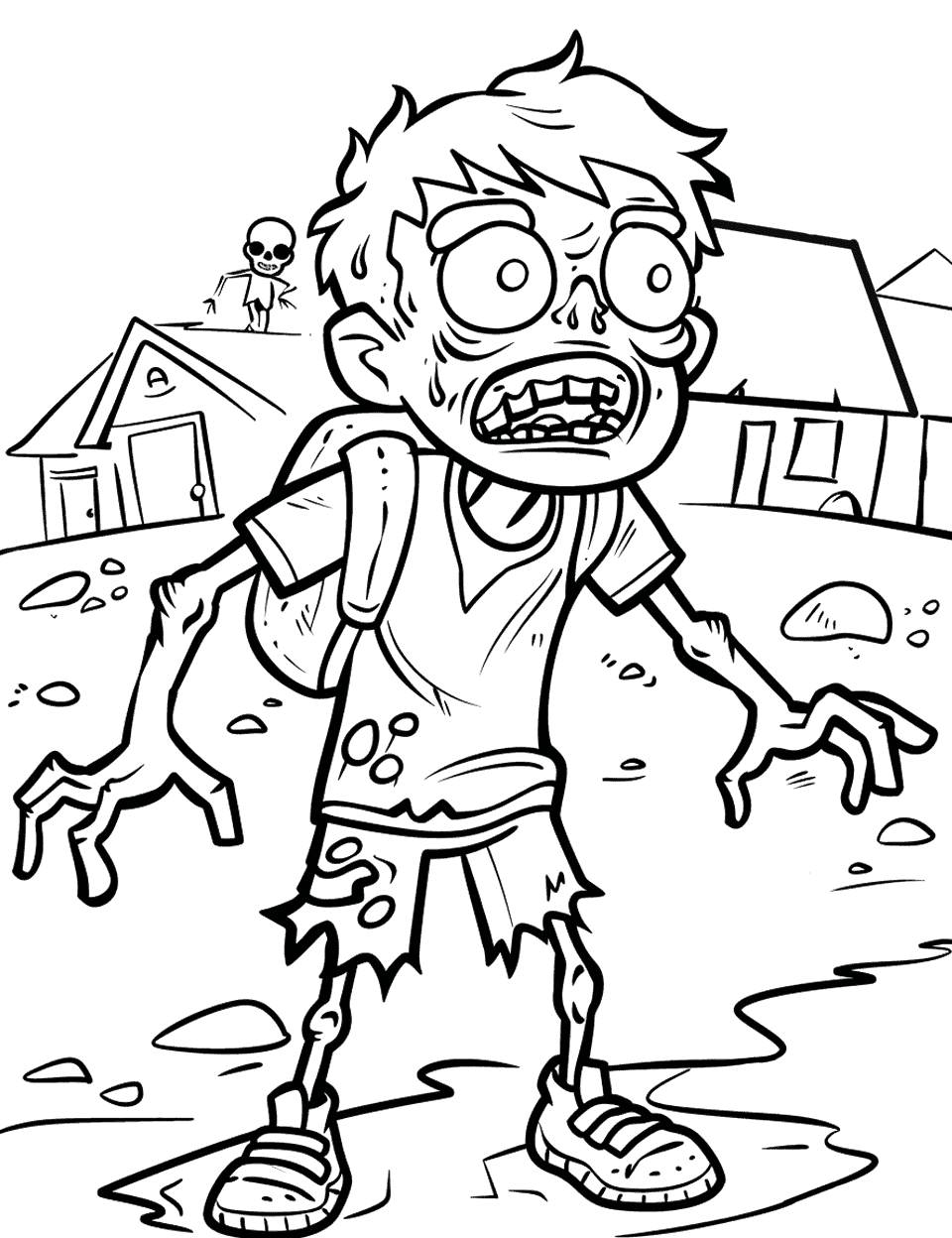 Zack the Zombie Explorer Coloring Page - Zack wanders through an emptied-out neighborhood with his backpack straps still over both shoulders. Another zombie stands small on the rise behind him, a nice detail to point out to a younger colorist. Rooftops and scattered rocks fill the background without much fuss. Give the backpack a loud color so he reads as a traveler rather than another walker.