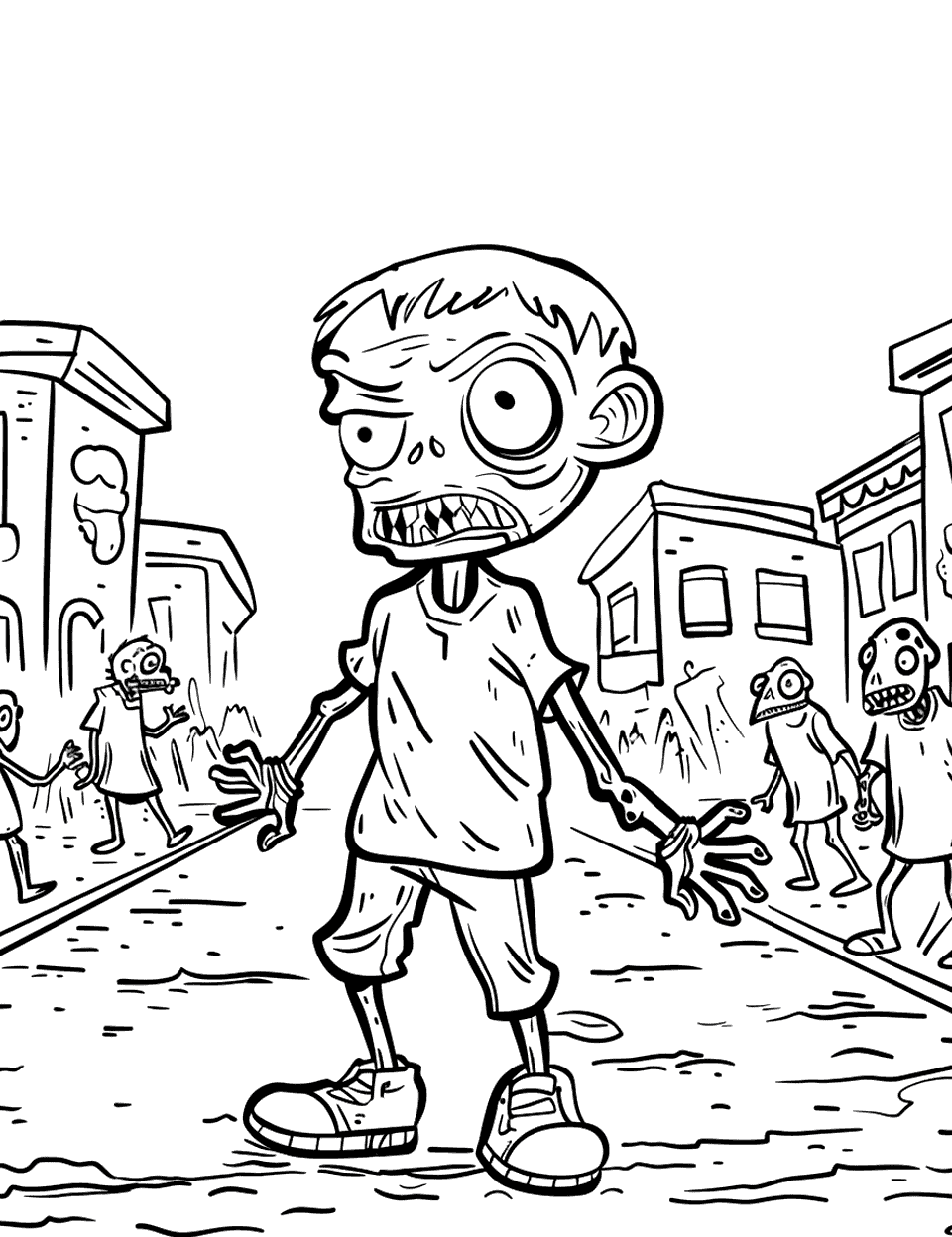 Zombie Outbreak in the City Coloring Page - A zombie stands in the middle of a cracked street with shopfronts running away on both sides. A few more shuffle about in the distance, small enough to leave loose. The perspective lines in the road make this a good page for practicing a fade from dark to light. Brick reds on the storefronts give the background some life.
