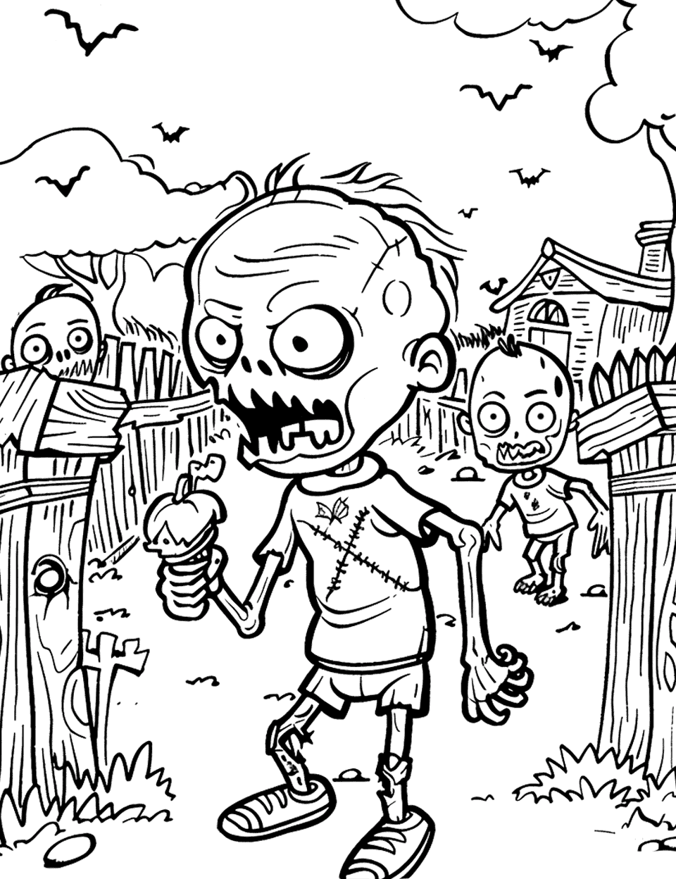 Halloween Night in the Zombie Yard Coloring Page - A zombie kid stands in a fenced yard holding a treat topped with a carved pumpkin, while a few more shuffle in behind him. Bats cross the sky above an old house, so the background gives you room for a dusky orange sunset. The stitching across his shirt is a natural place to switch to a darker pencil. Print it alongside our Halloween coloring pages for a full party set.