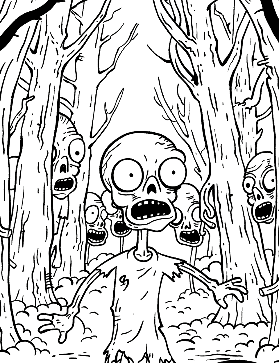 Forest of the Zombies Zombie Coloring Page - A zombie stands among close-packed bare trunks with more faces peering out from behind the trees. Their necks stretch unnaturally long, which is easily the creepiest thing in the drawing. All those vertical trunks are a chance to try several browns side by side. Leave the faces pale so they lift away from the woods.