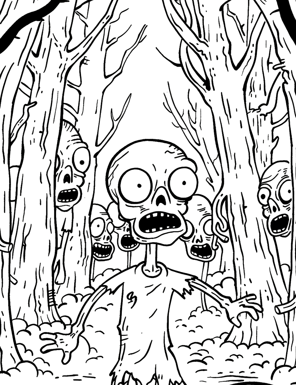 Forest of the Zombies Zombie Coloring Page - Zombies lurking among the trees in a dense forest.