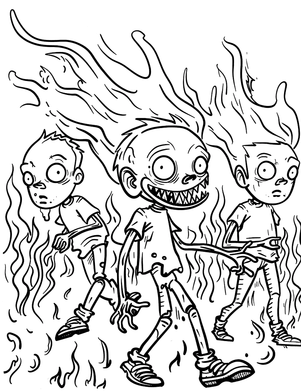 Fire Zombies Zombie Coloring Page - Three zombies stroll straight through a wall of flames without a care. The fire fills most of the page in long curling shapes, which is where oranges, reds and yellows earn their keep. The middle one’s grin is the goofiest thing on the page. Layering two or three warm colors over each other in the flames makes a big difference here.