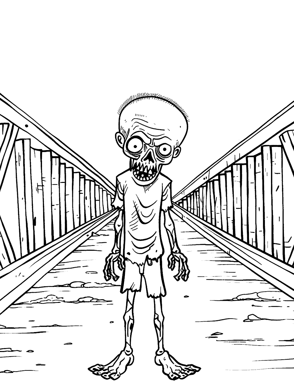 Zombie on the Wooden Bridge Coloring Page - A lone zombie stands dead center on a plank bridge, the railings running back to a vanishing point behind him. That symmetry gives it a calm, still feel. Wood grain in the rails takes a light brown nicely, and the open ground leaves room to invent your own background. His bare bony feet are the single gruesome detail.