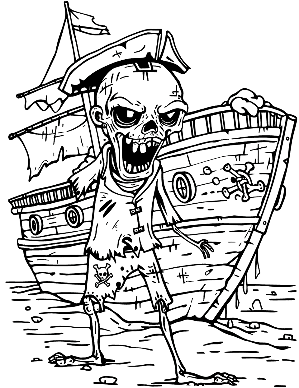 Zombie Pirate's Ship Coloring Page - An undead captain in a tricorn hat stands on the sand in front of his wrecked pirate ship. The hull behind him is studded with portholes and stuck bones, so there is plenty to pick out. Tattered sails against a bright sky is the classic treatment. The skull patch on his shorts is a small target worth going in with a fine tip.