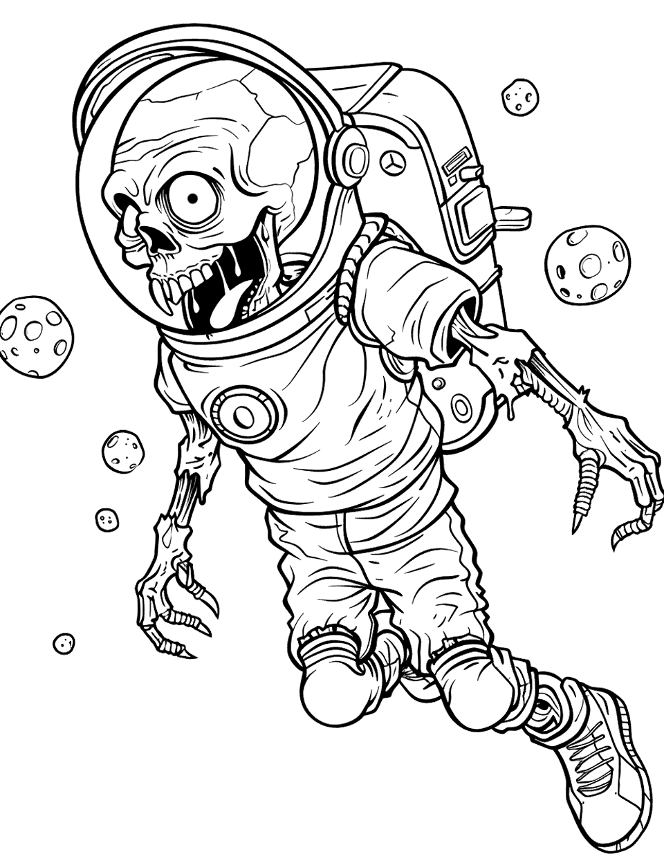Zombie Astronaut in Space Coloring Page - A zombie astronaut floating in space.