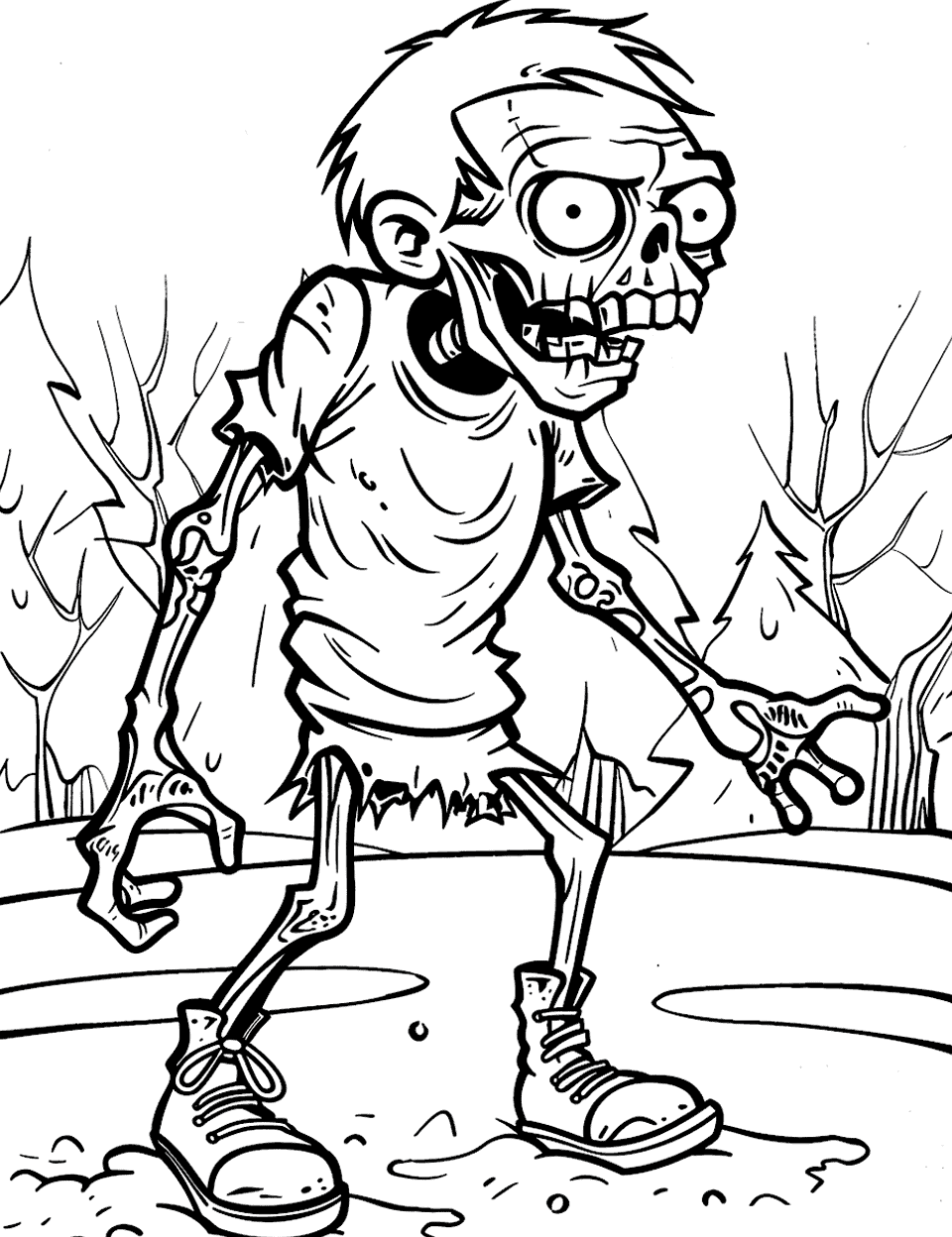 Zombie in the Snow Coloring Page - A zombie trudges across open snowdrifts, with leafless trees and one small evergreen behind him. The ground is drawn as smooth rolling shapes, so most of the page can stay white if you want the snow to read as snow. That leaves the figure to carry all the color. Print it with our winter coloring pages for a full cold-weather set.