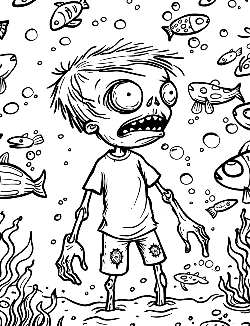 Underwater Zombie Coloring Page - A waterlogged zombie stands on the seabed with his hair drifting up and bubbles all around him. Fish of every size swim past, and each one can be a different color, so this sheet turns into a rainbow fast. Seaweed curls up out of the bottom corners. It is one of the easier busy pages, because the shapes are big and well separated.