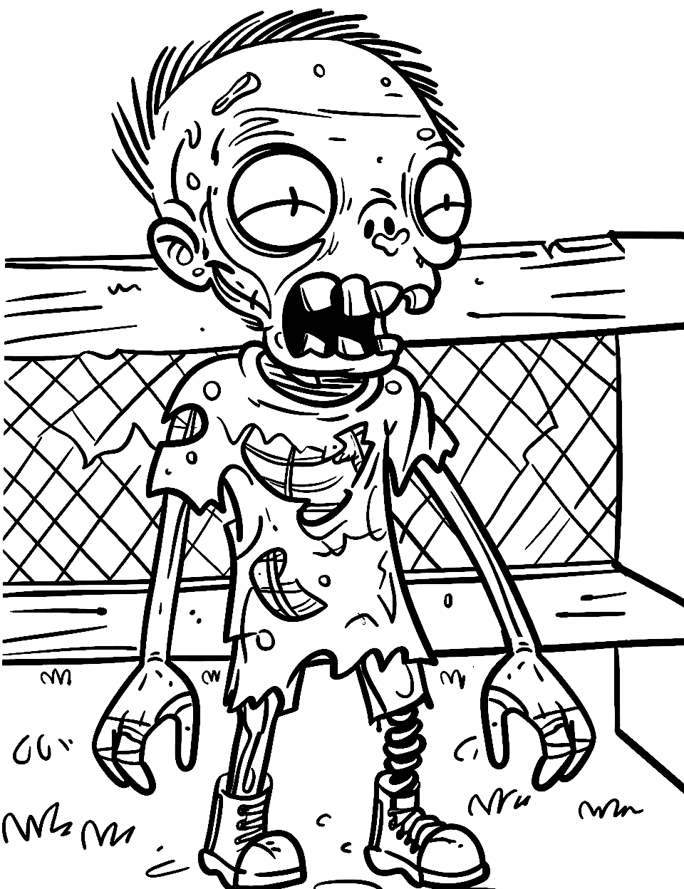 Zombie by the Chain-Link Fence Coloring Page - A zombie shambles past a chain-link fence with a wooden rail along the top and a low bench behind it. His shirt is more holes than fabric, which makes this a good page for practicing small, careful patches of color. Tufts of grass along the bottom keep the base of the page simple. If the fenced-in look is a hit, print it with our zoo coloring pages.