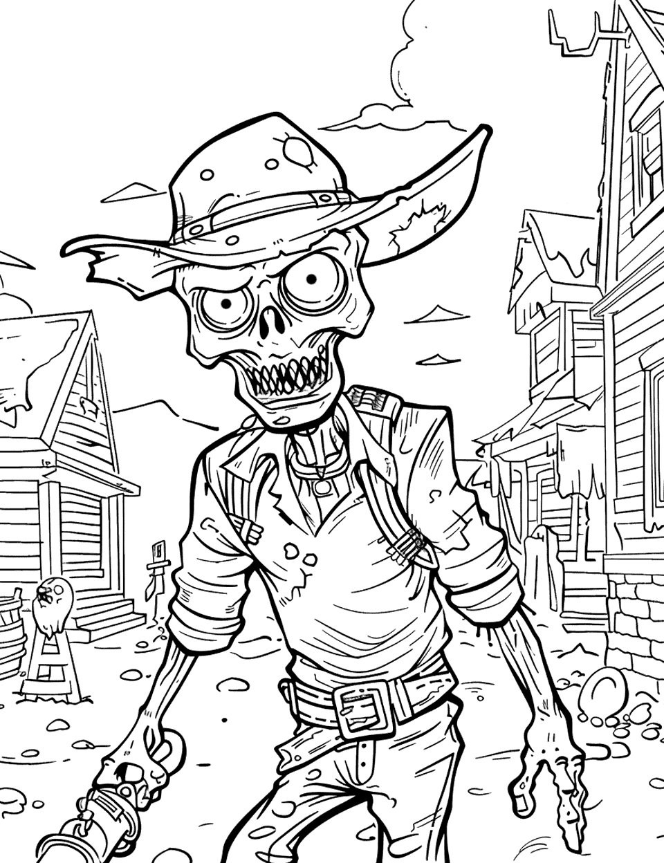 Cowboy Zombie Showdown Coloring Page - An undead cowboy squares up in the middle of a ghost town with his revolver already drawn. The hat brim, the vest and that big belt buckle give you three clear areas to color differently. Weathered wooden storefronts line both sides of the street behind him. There is another zombie lurking near a barrel on the left, easy to miss on a first pass.