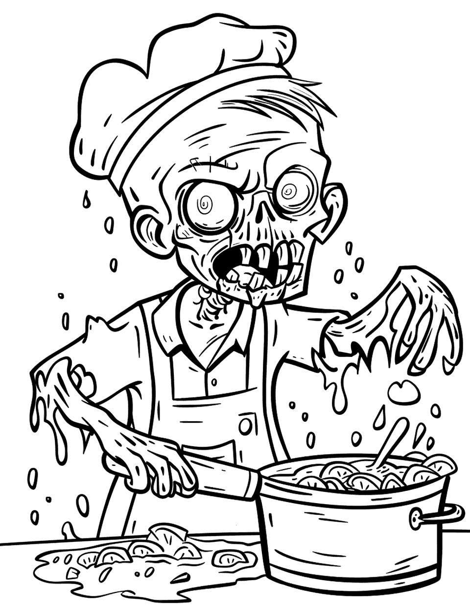 Zombie Chef Cooking Coloring Page - A zombie chef in a tall hat leans over a pot with a spoon standing up in it, slime running off both hands. The counter in front of him has already taken a spill. Green goo and a white apron is the fast route, but a bright apron is funnier. The drips are all small separate shapes, which makes this one oddly relaxing to work through.