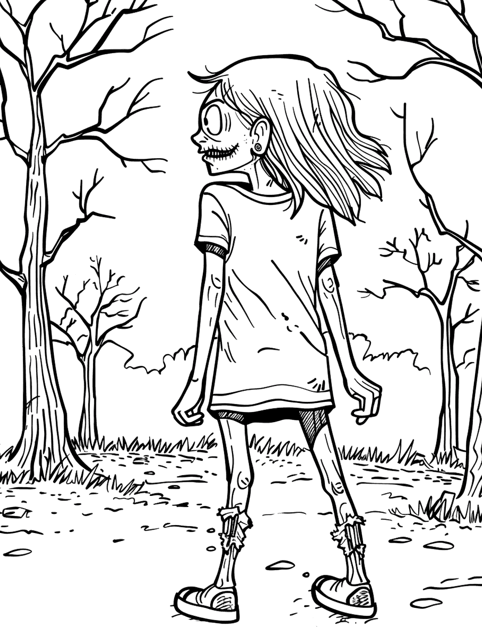 Zombie Girl in a Park Coloring Page - A zombie girl standing alone in an empty park with a few trees in the background.