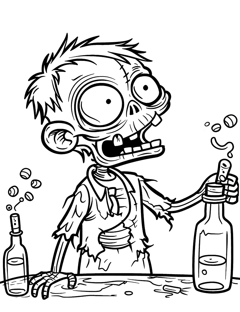 Zombie With Potion Bottles Coloring Page - A zombie in a shirt and tie holds up a corked bottle from behind a counter, a second bottle sitting off to one side. Bubbles drift up around him, so this is the sheet for a bright, glowing color on the liquid. His huge round eye takes up most of the face and fills in quickly. The counter runs right across the bottom and is a good place to stop before things get fiddly.
