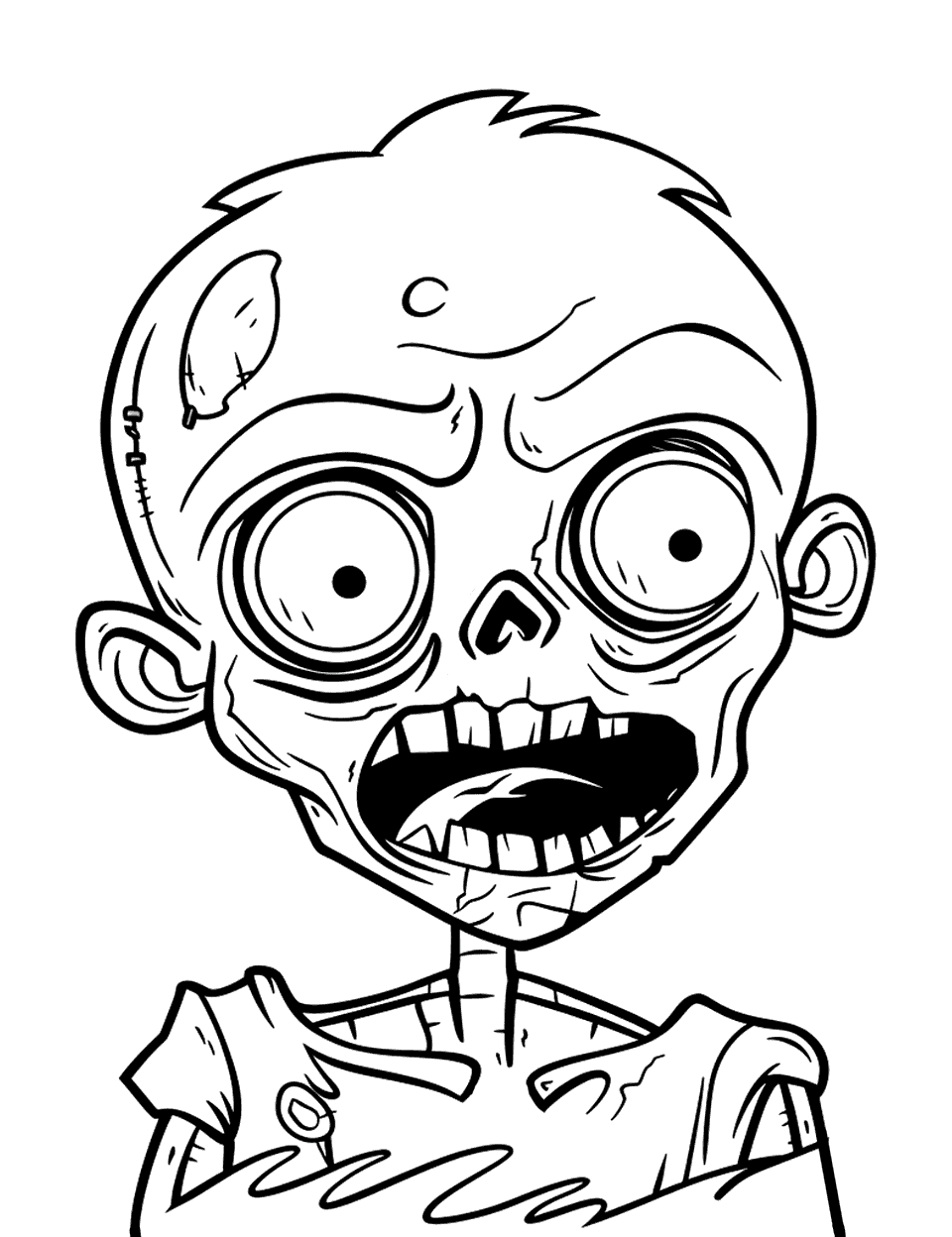 Easy Zombie Face Coloring Page - A big bald zombie head fills the page, with round eyes, square teeth and a stitched patch above one ear. Nothing here is fiddly, so this is the sheet to hand a preschooler who wants in on the spooky fun. Pale green or grey skin and plain white teeth is all it really needs. Chunky crayons will not overshoot these lines.