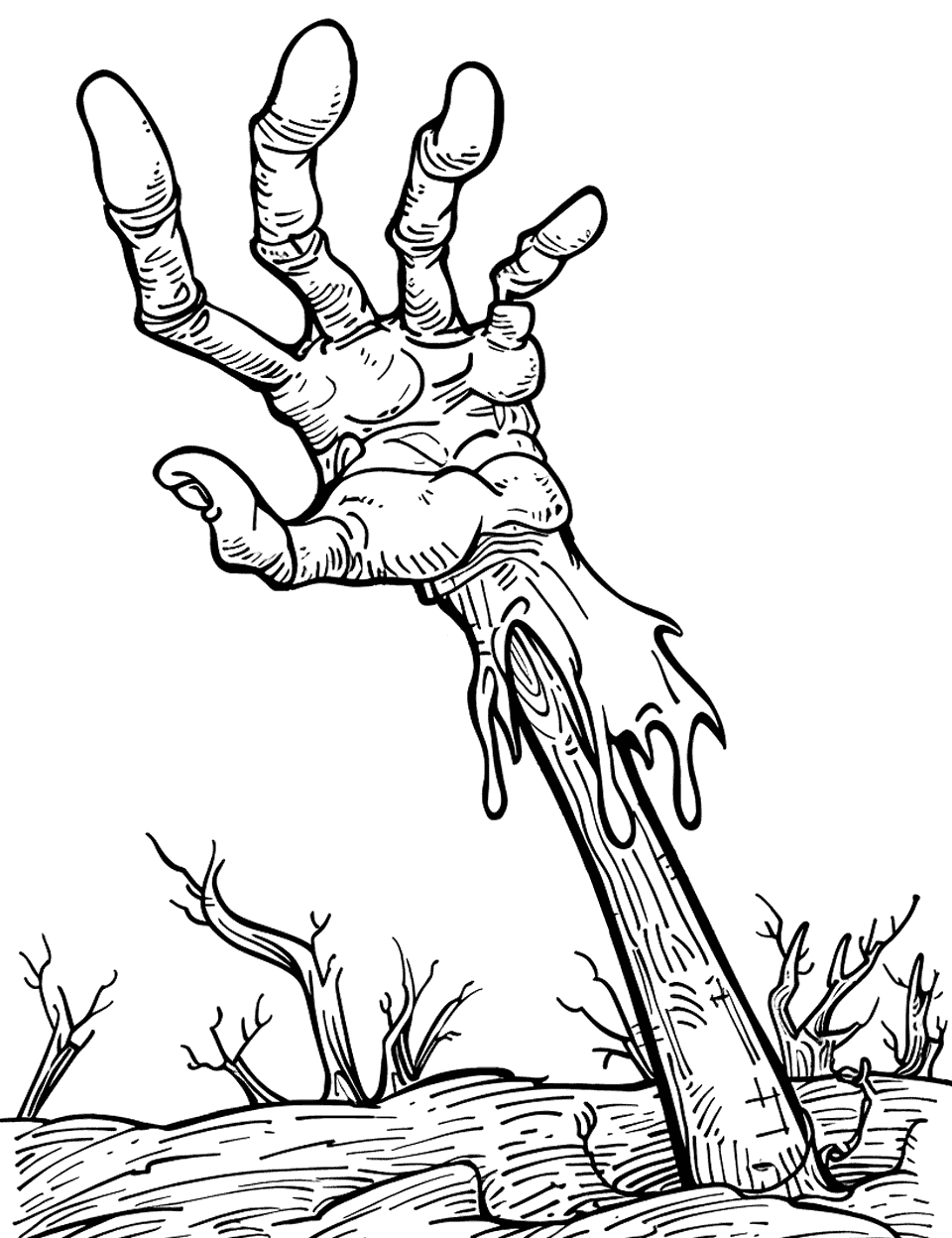 Detailed Zombie Hand Coloring Page - A single hand claws its way out of the ground, fingers spread wide and strips of skin hanging off the wrist. Dead shrubs sit low on the horizon and leave the top half of the page open. All that texture in the dirt and the forearm makes it a slow, satisfying sheet for an older colorist. Try grey on the skin and something rusty on the ground.