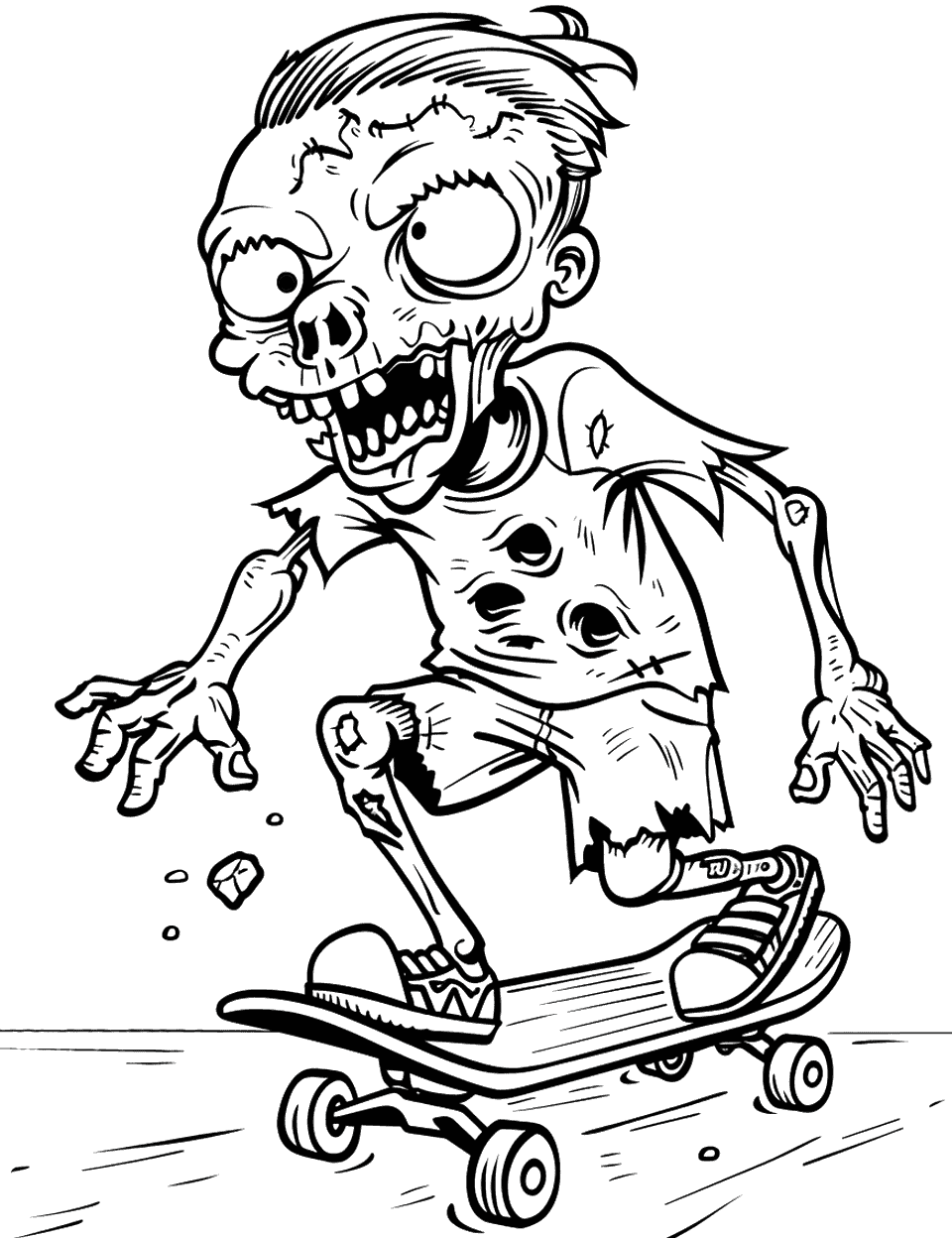 Cool Zombie Skateboarder Coloring Page - A zombie skater crouches low on his board with one eye bulging clean out of its socket. Bits of rubble fly up behind the wheels, which gives you a reason to add movement with a light grey. The board and the sneakers are the obvious spot for bright color against drab skin. Difficulty sits in the middle here: detailed, but never overwhelming.