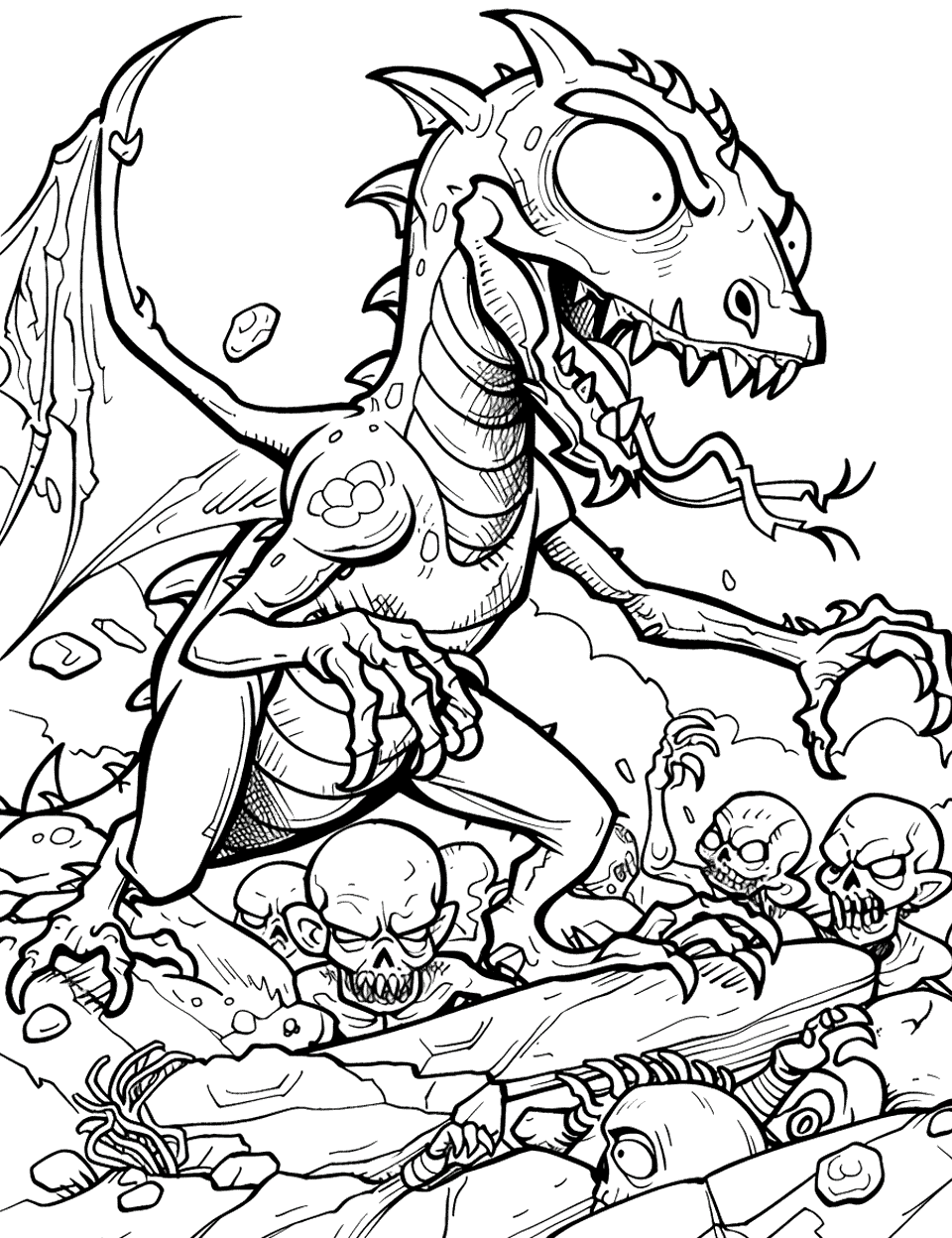 Dragon Zombie Coloring Page - An undead dragon rears up over a scatter of skulls, wings torn to ribbons and forked tongue lolling out. This is the busiest sheet in the collection, packed with scales, bones and rubble. Deep greens on the body against bone white on the skulls keeps the layers readable. Set aside real time for it, or let your kid split it across two sittings.